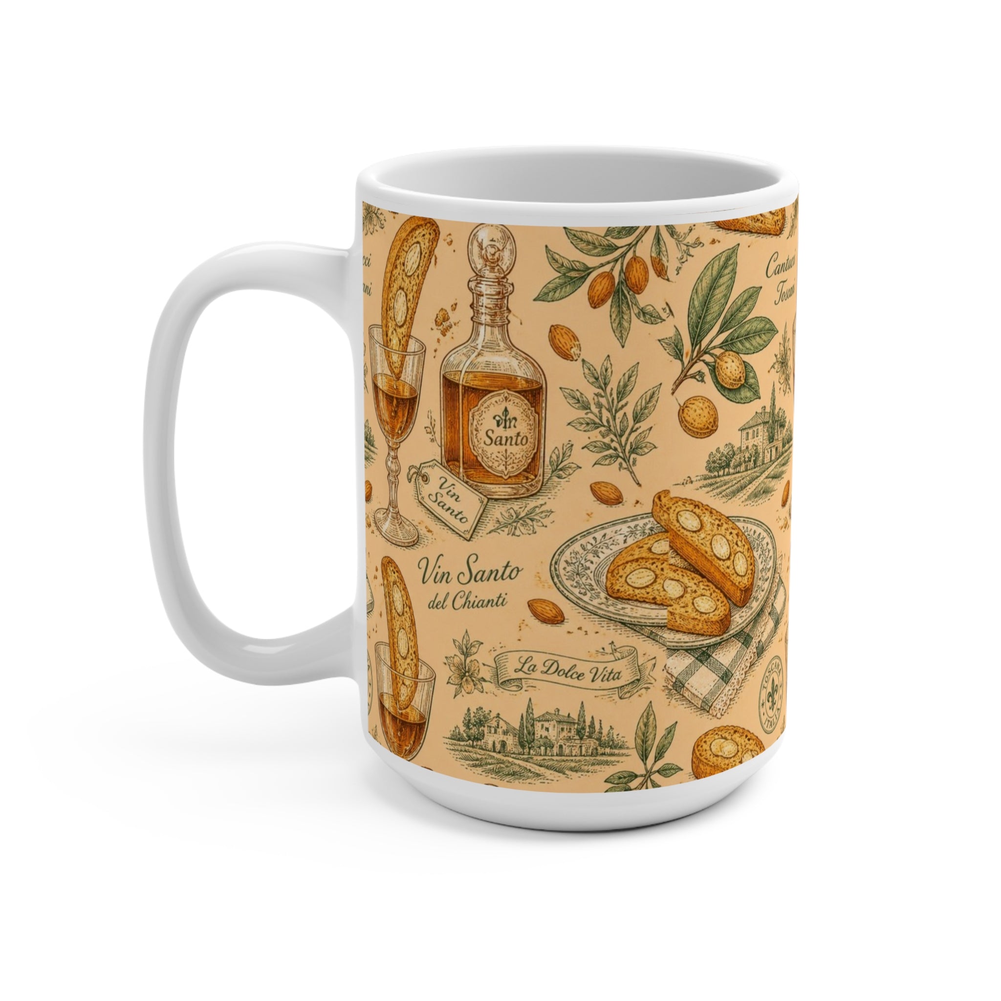 Biscotti & Vin Santo 15oz Ceramic Mug Mediterranean Kitchen Botanical Design Italian Cottagecore Gift