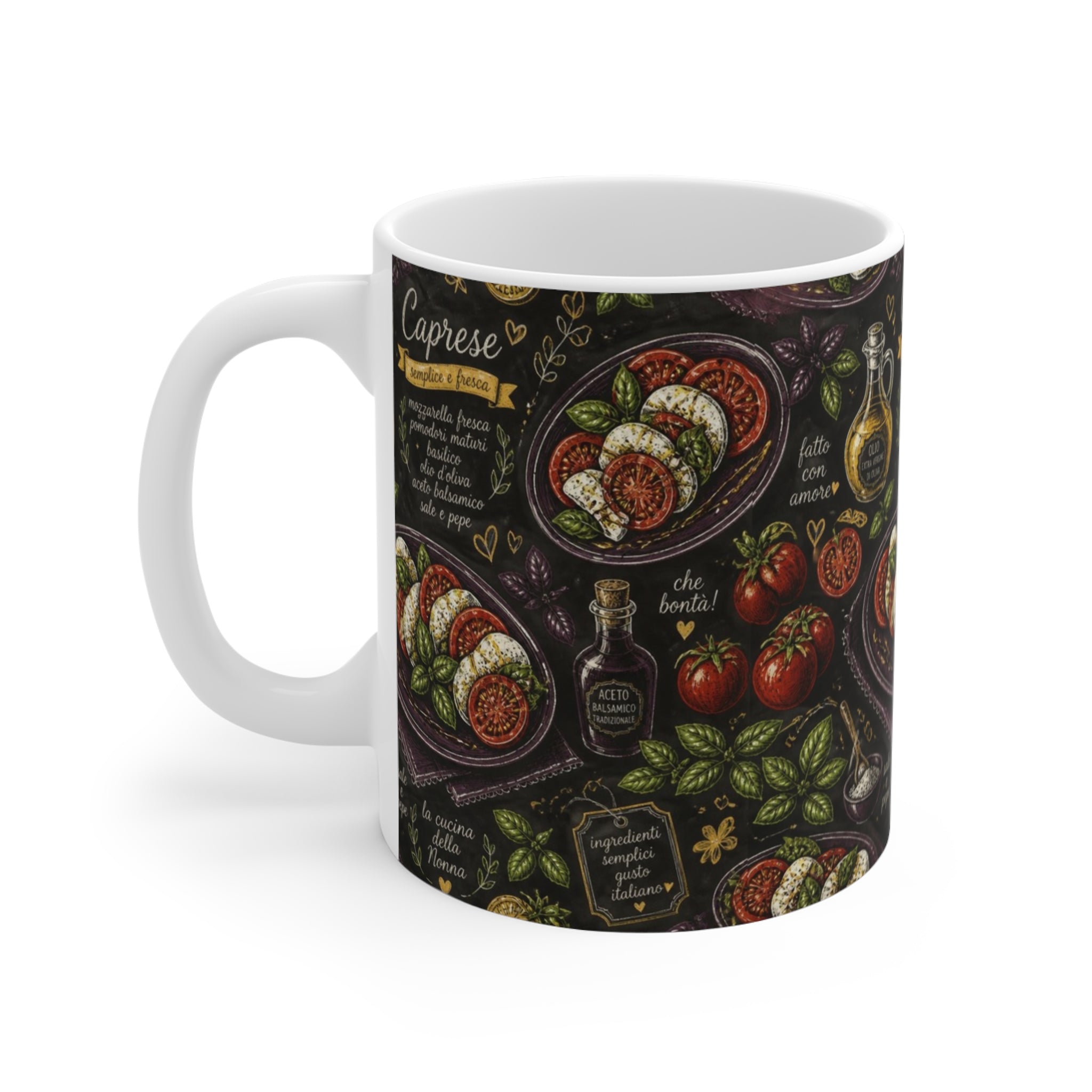 Caprese Arrangement 11oz Ceramic Mug Mediterranean Kitchen Chalk Art Design Italian Cottagecore Gift