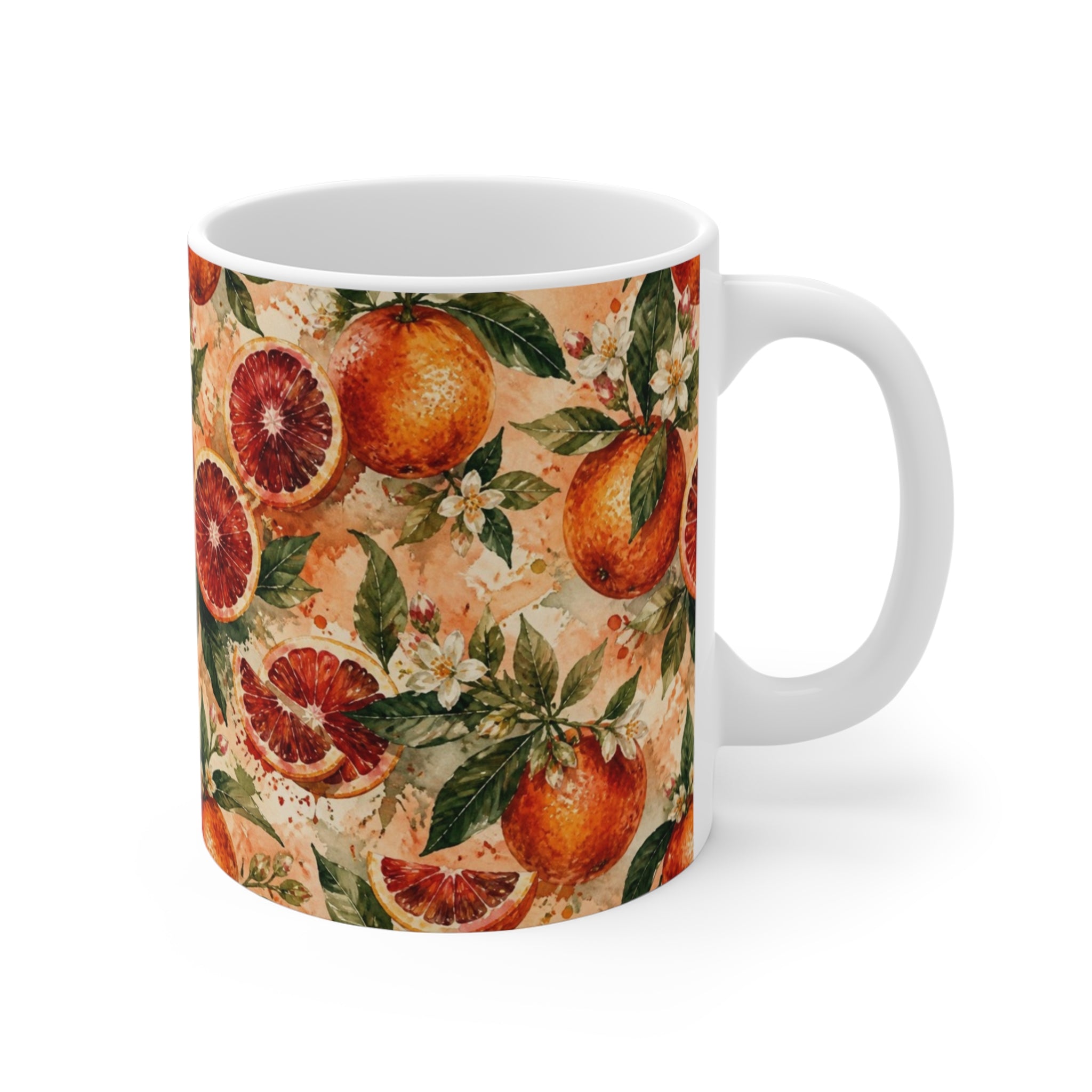 Blood Oranges 11oz Ceramic Mug Mediterranean Kitchen Watercolor Splash Design Italian Cottagecore Gift