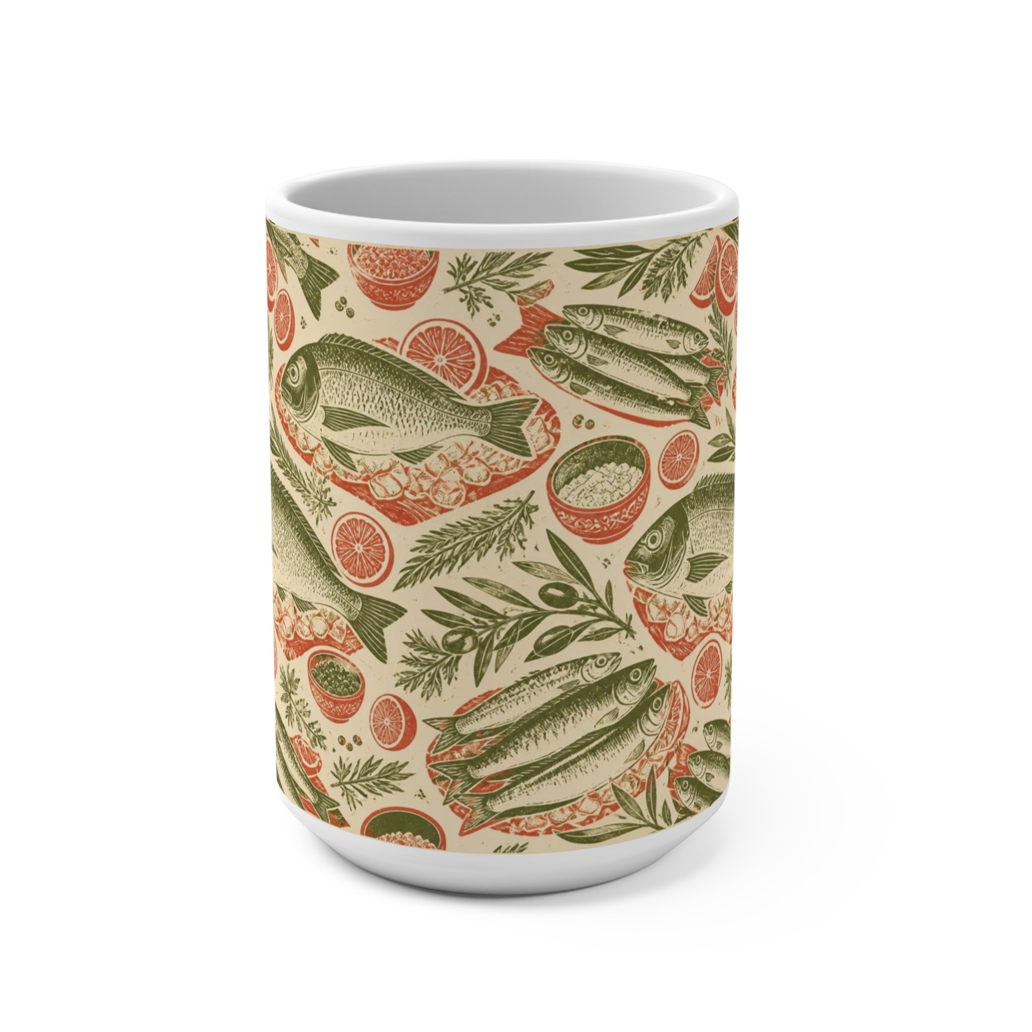 Mediterranean Fish 15oz Ceramic Mug Mediterranean Kitchen Linocut Design Italian Cottagecore Gift