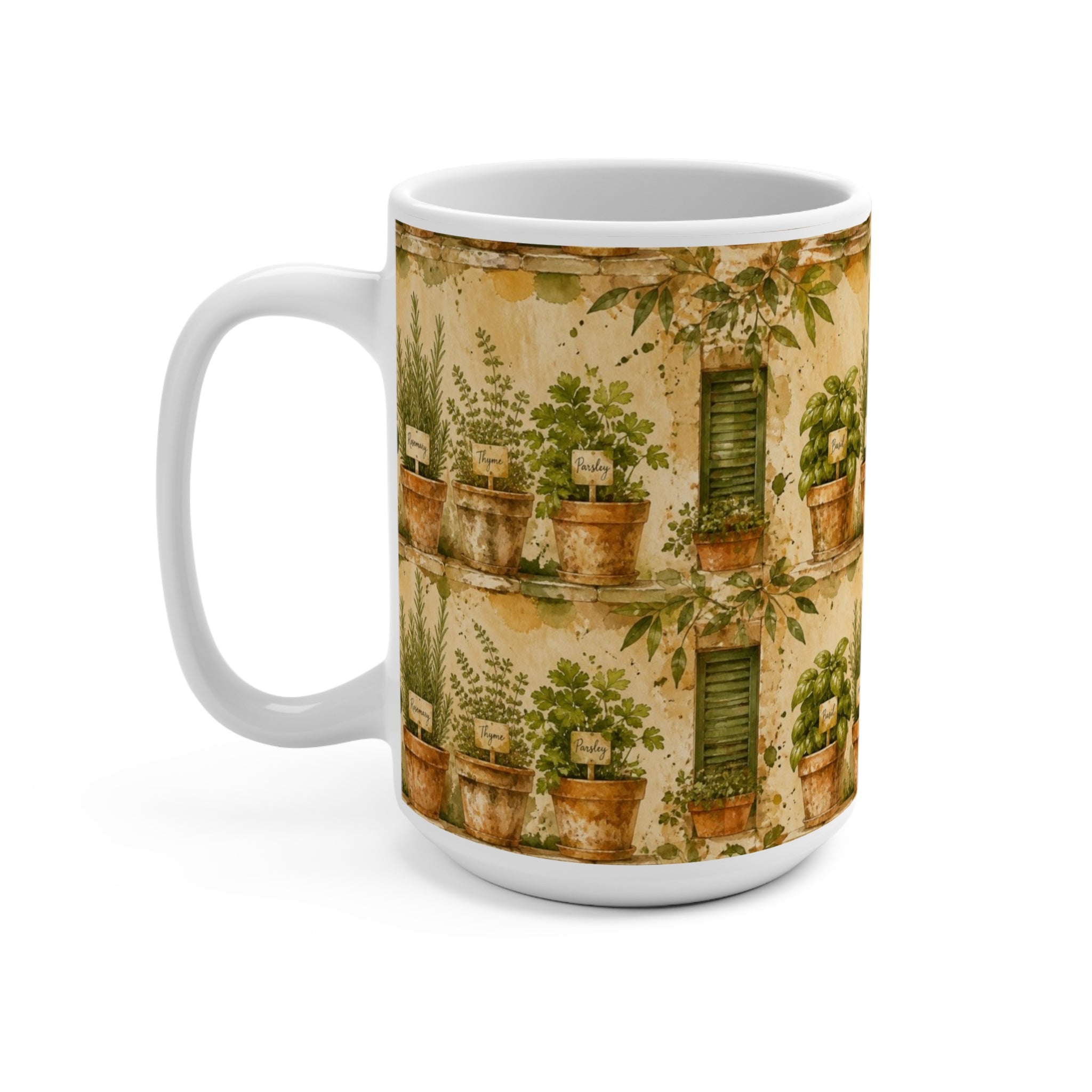 Terracotta Herb Pots 15oz Ceramic Mug Mediterranean Kitchen Watercolor Splash Design Italian Cottagecore Gift