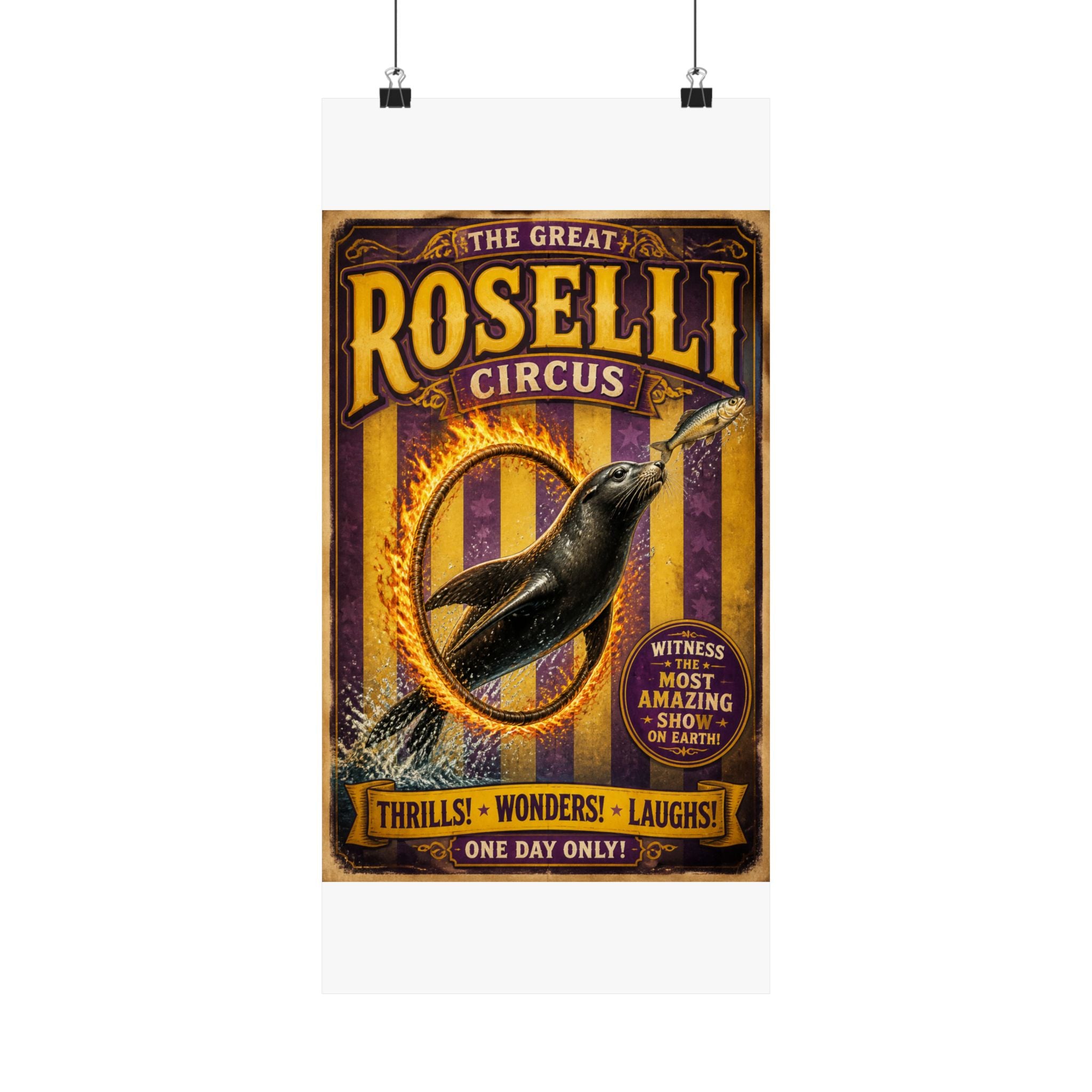 Seal Fire Hoop Wall Art Poster 18×24 Vintage Circus Kitchen Decor Maximalist Print