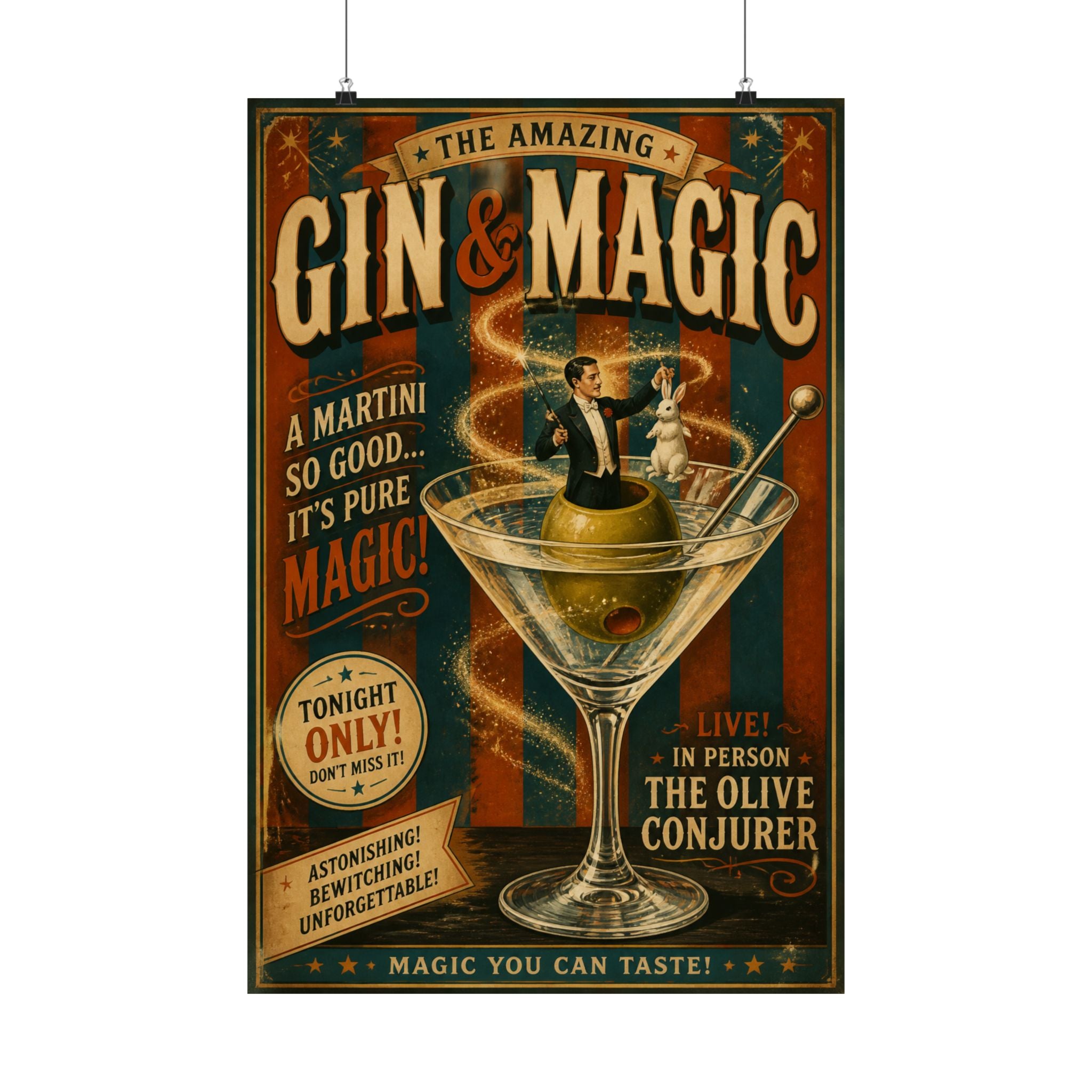 Martini Magician Wall Art Poster 18×24 Vintage Circus Kitchen Decor Maximalist Print