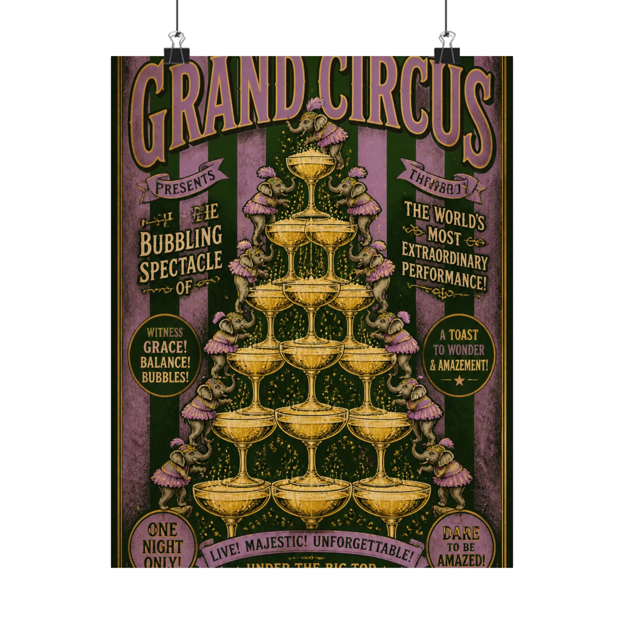 Champagne Tower Elephants Wall Art Poster 18×24 Vintage Circus Kitchen Decor Maximalist Print