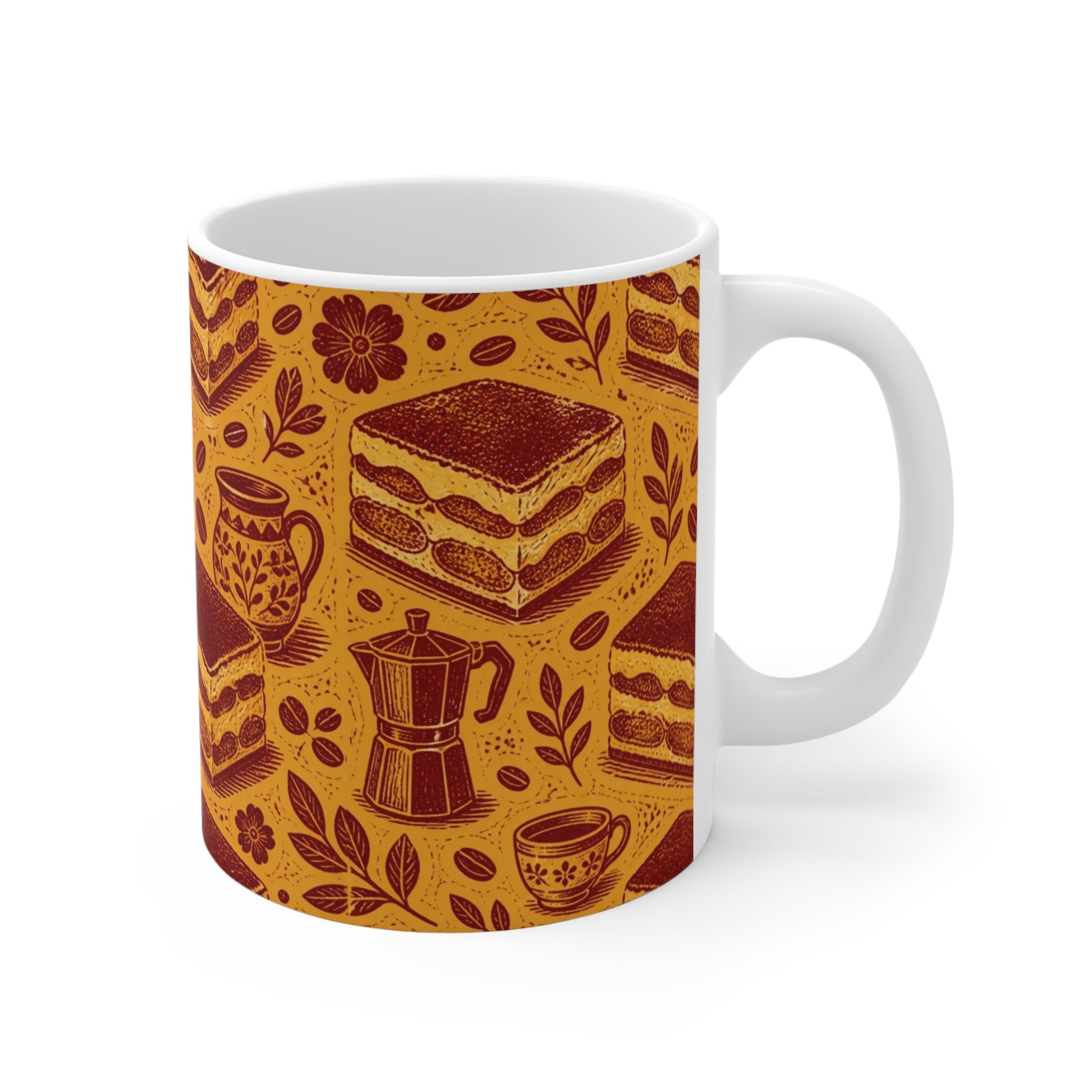 Tiramisu Layers 11oz Ceramic Mug Mediterranean Kitchen Linocut Design Italian Cottagecore Gift