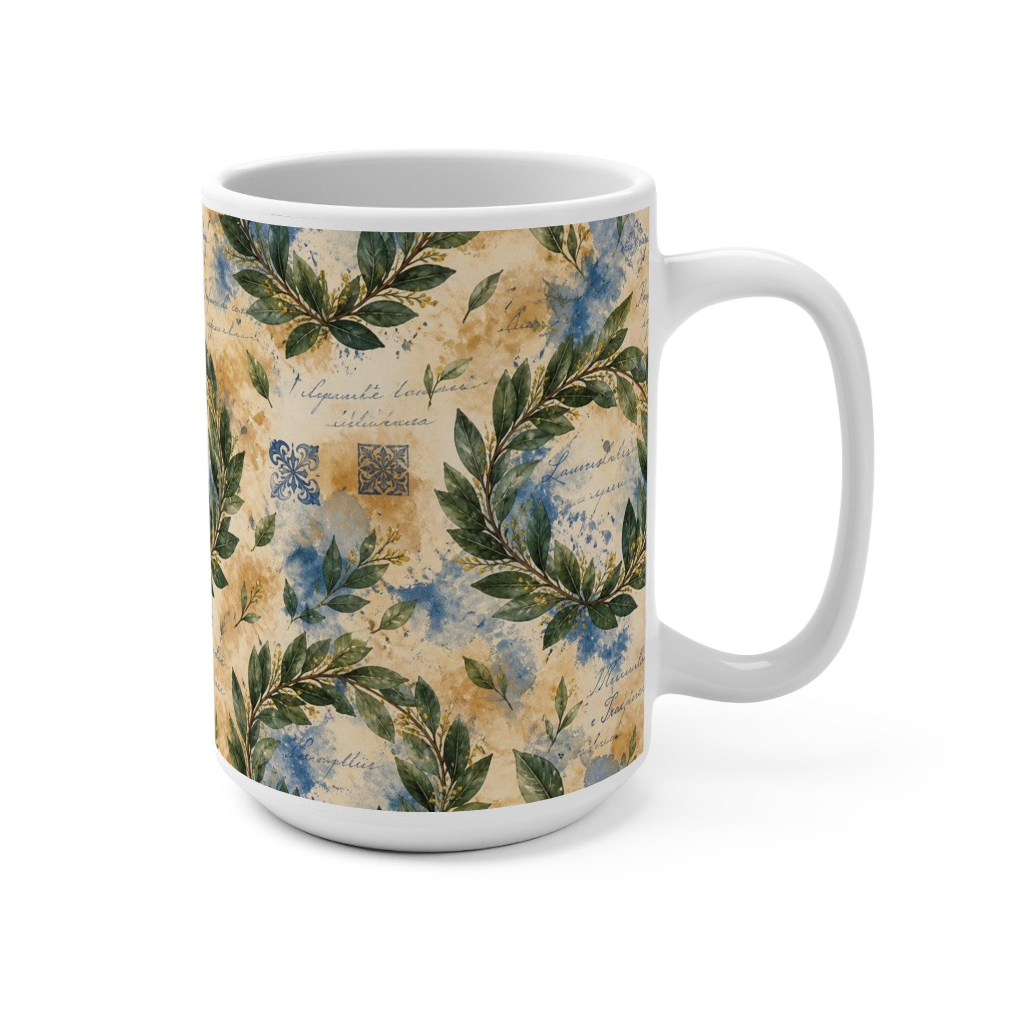Bay Laurel Wreath 15oz Ceramic Mug Mediterranean Kitchen Watercolor Splash Design Italian Cottagecore Gift