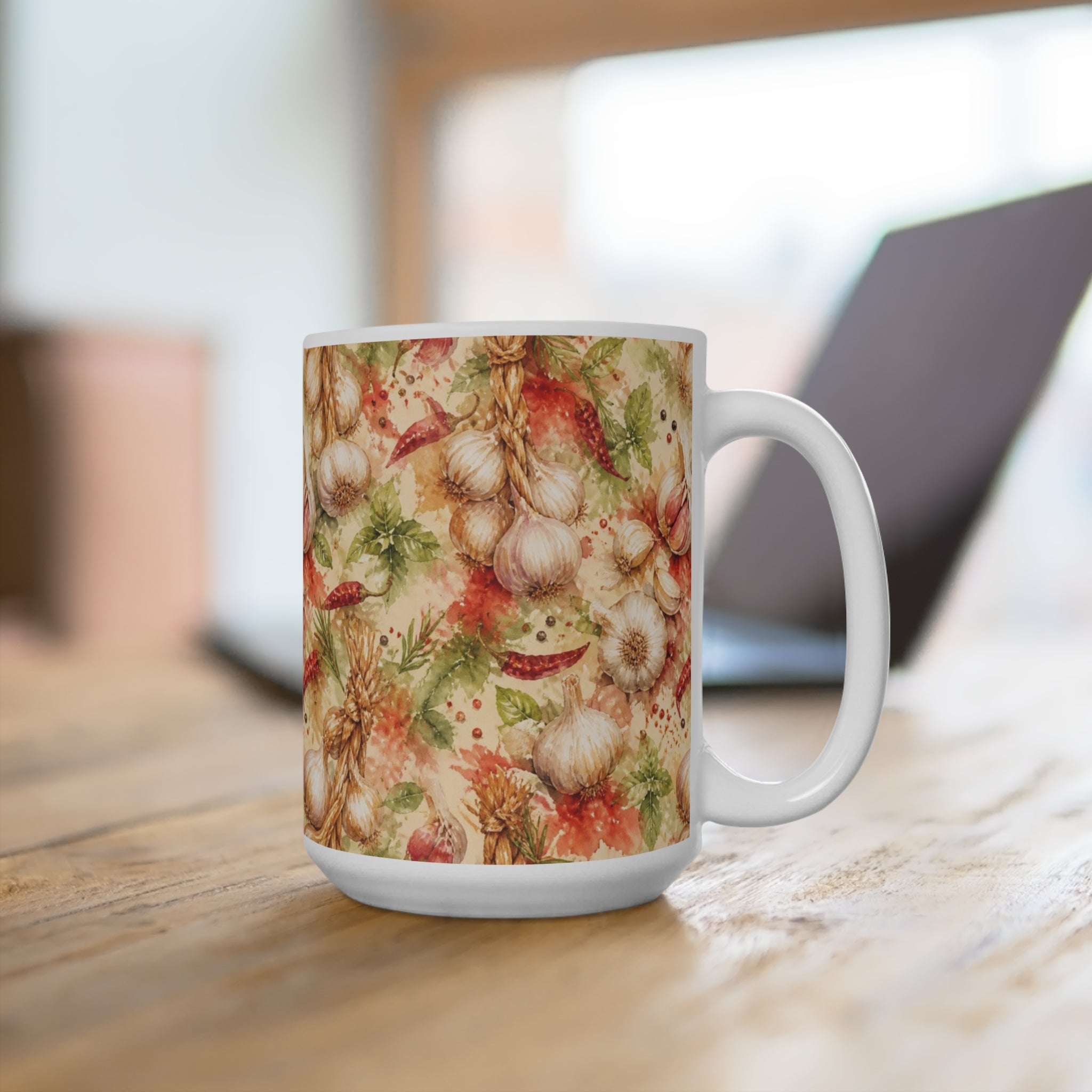 Garlic Bulbs & Cloves 15oz Ceramic Mug Mediterranean Kitchen Watercolor Splash Design Italian Cottagecore Gift