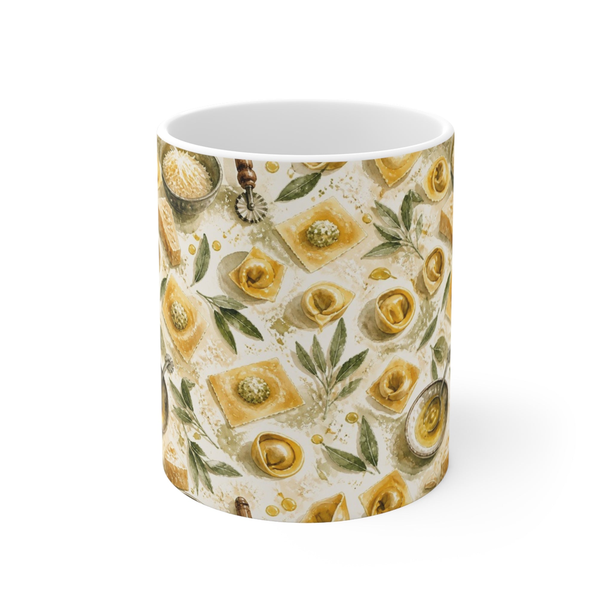 Tortellini with Sage 11oz Ceramic Mug Mediterranean Kitchen Watercolor Splash Design Italian Cottagecore Gift
