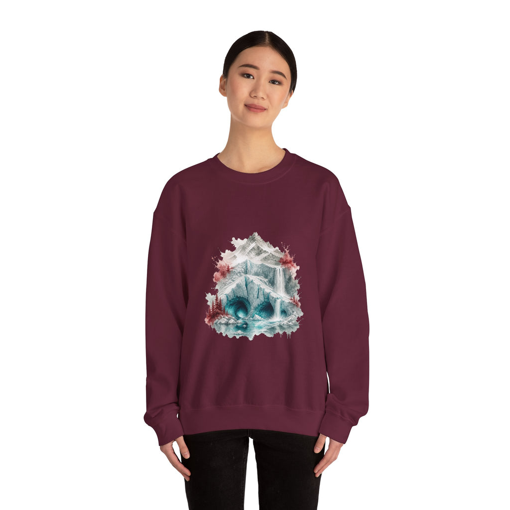 Matching Couple Sweatshirt - Volcano & Glacier Matching Couple Premium Fleece Sweatshirt Watercolor Art His Hers Birthday Gift - Design B