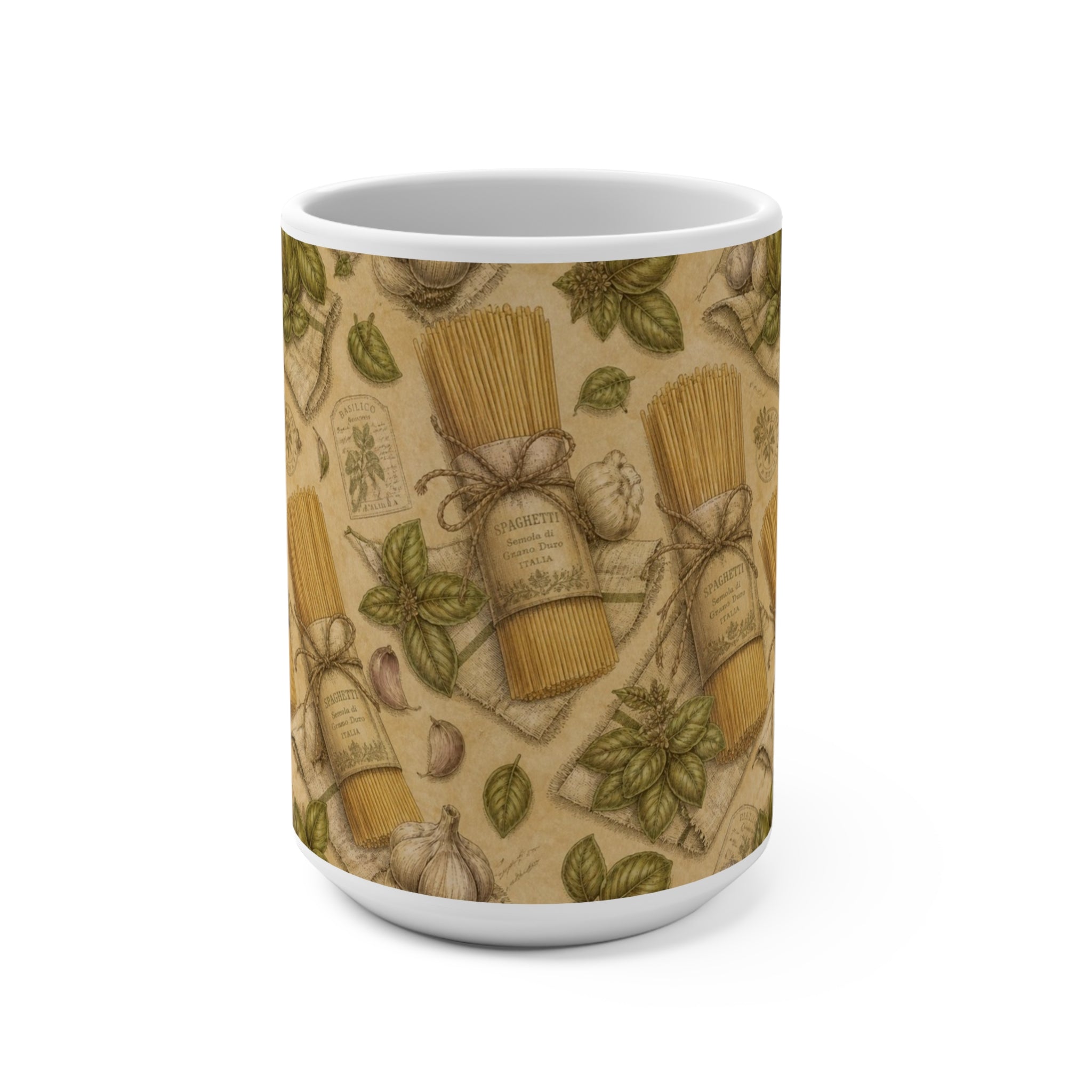 Spaghetti Bundle 15oz Ceramic Mug Mediterranean Kitchen Botanical Design Italian Cottagecore Gift