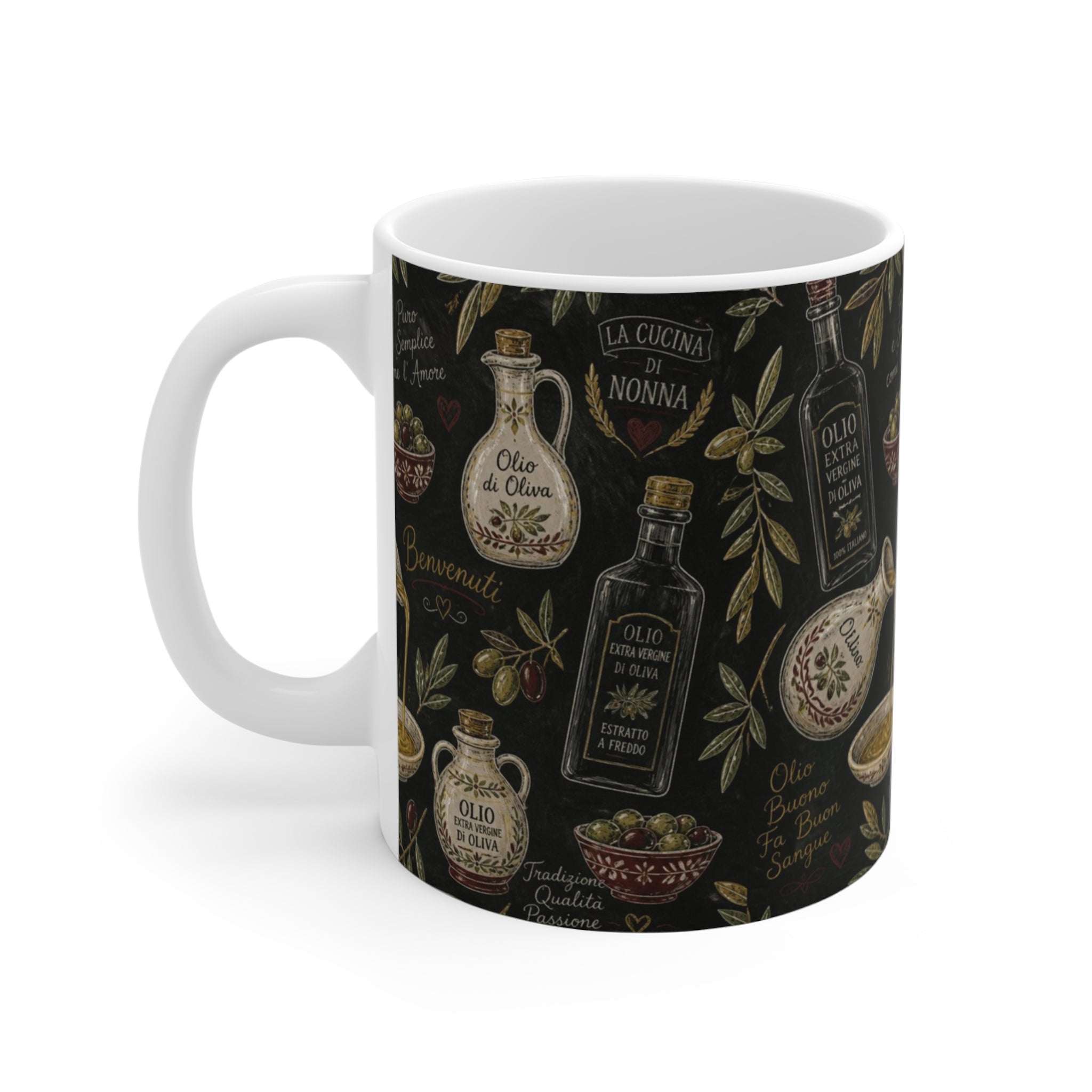 Olive Oil Bottles 11oz Ceramic Mug Mediterranean Kitchen Chalk Art Design Italian Cottagecore Gift
