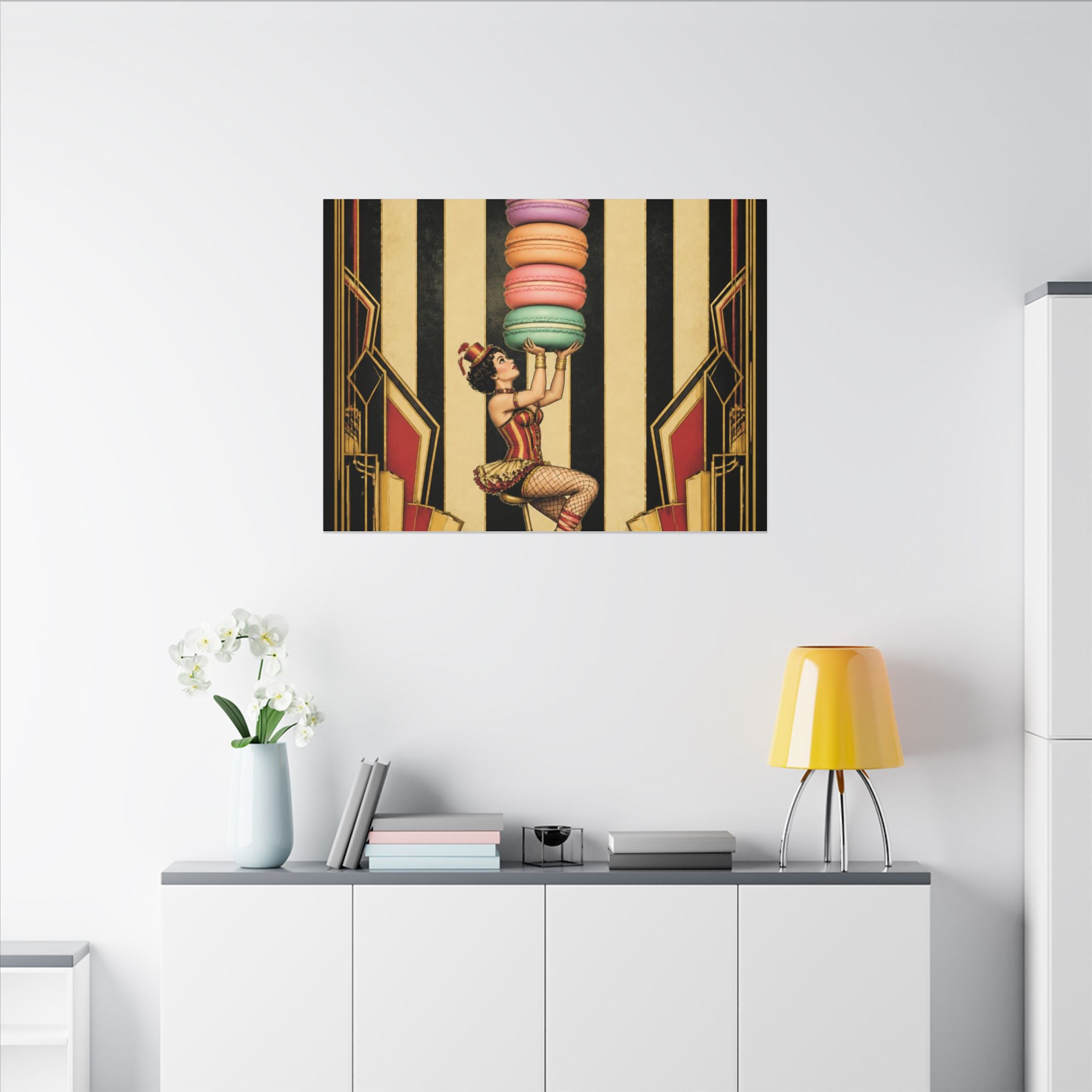 Macaron Balancing Tower Wall Art Canvas 24×36 Art Deco Bar Area Decor Maximalist Print