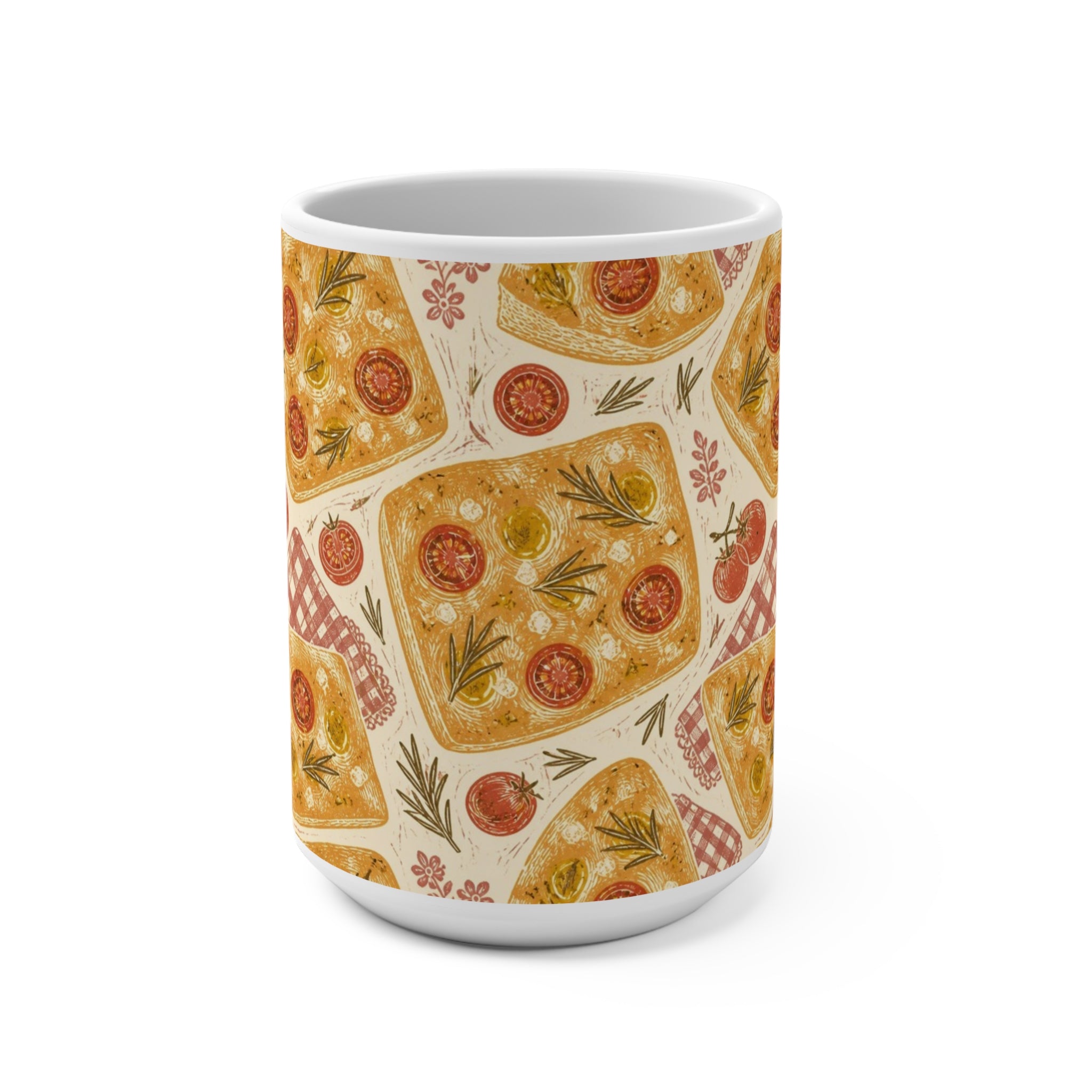 Focaccia Bread 15oz Ceramic Mug Mediterranean Kitchen Linocut Design Italian Cottagecore Gift