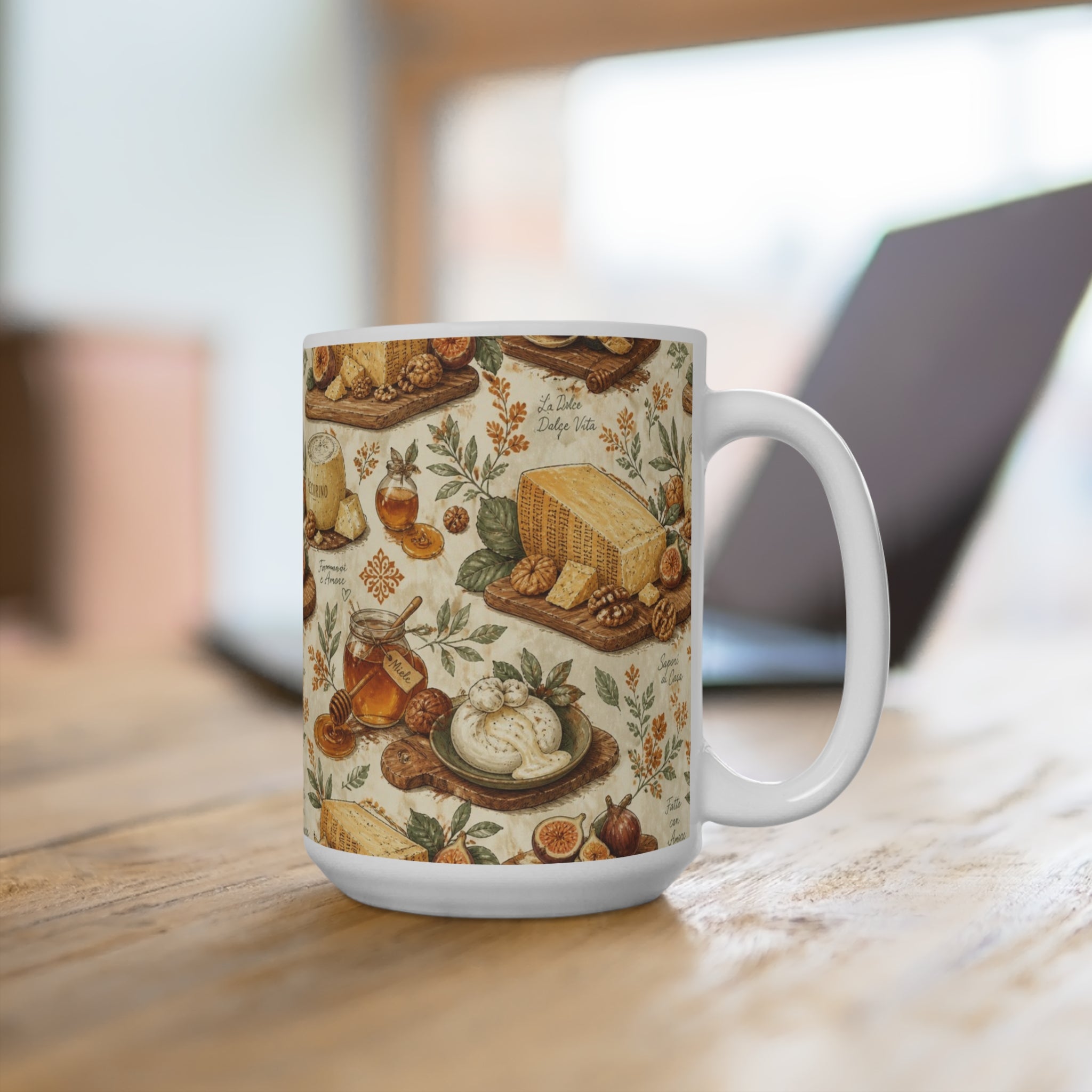Italian Cheese Board 15oz Ceramic Mug Mediterranean Kitchen Watercolor Design Italian Cottagecore Gift