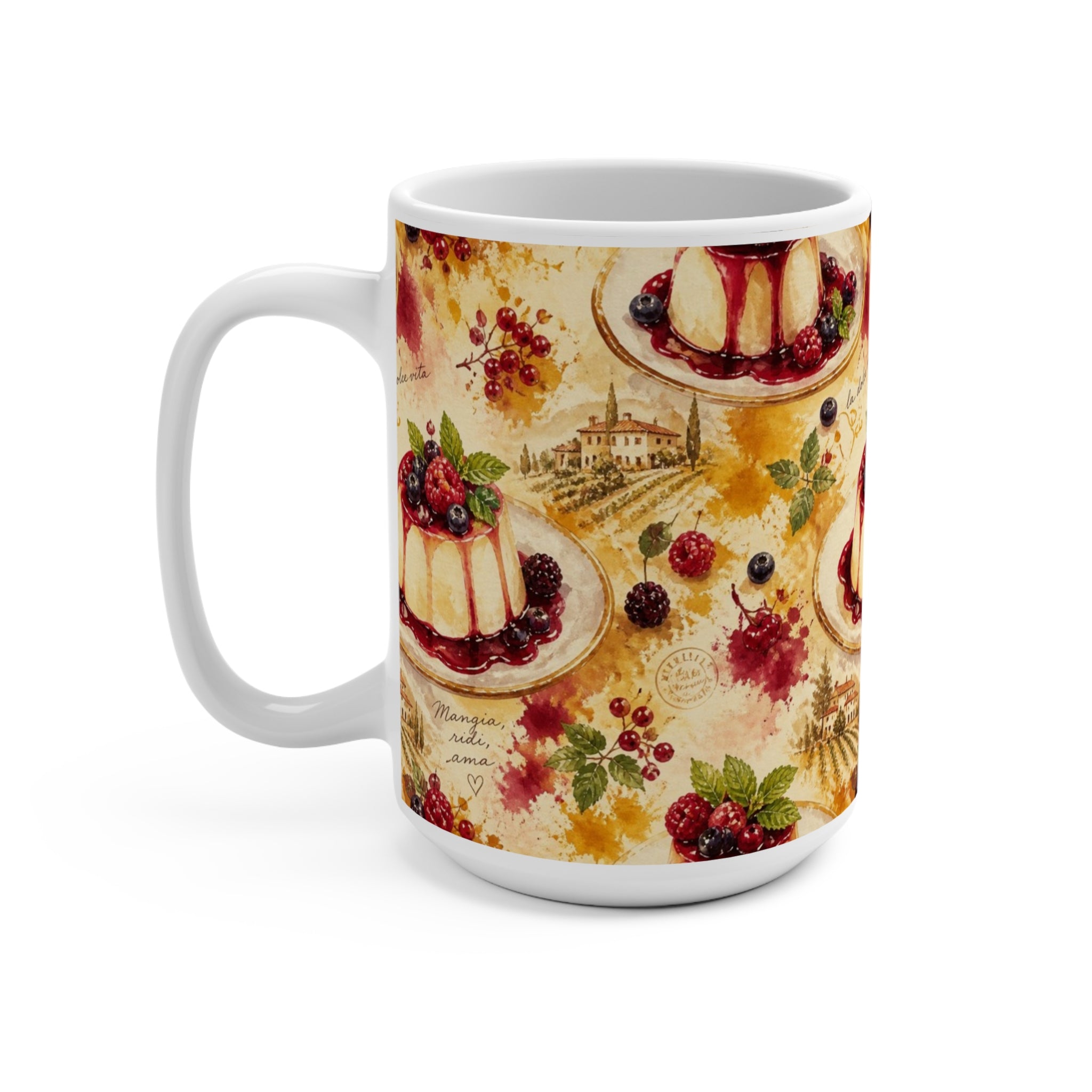 Panna Cotta 15oz Ceramic Mug Mediterranean Kitchen Watercolor Splash Design Italian Cottagecore Gift