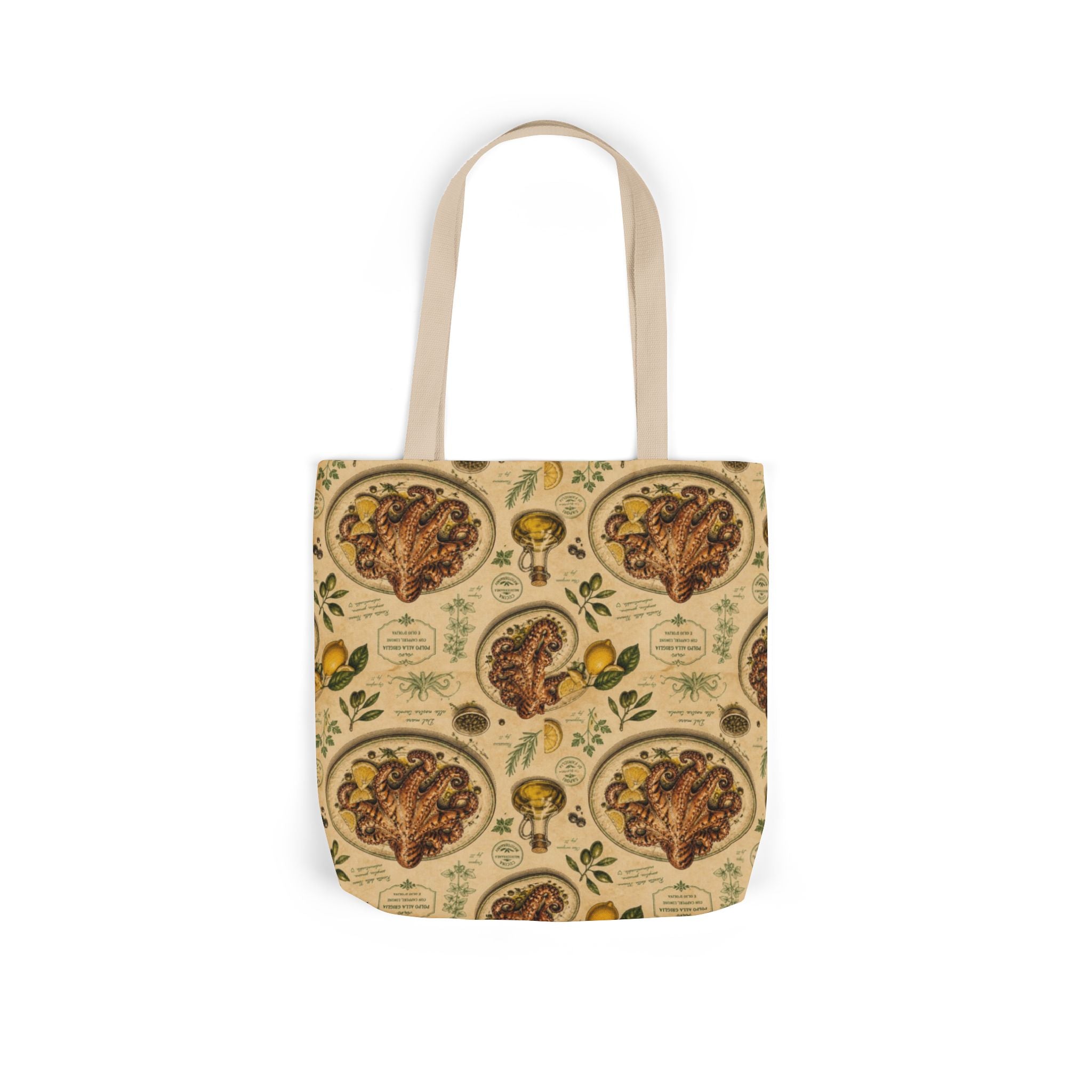 Grilled Octopus Canvas Tote Bag Mediterranean Kitchen Botanical Design Italian Cottagecore Gift