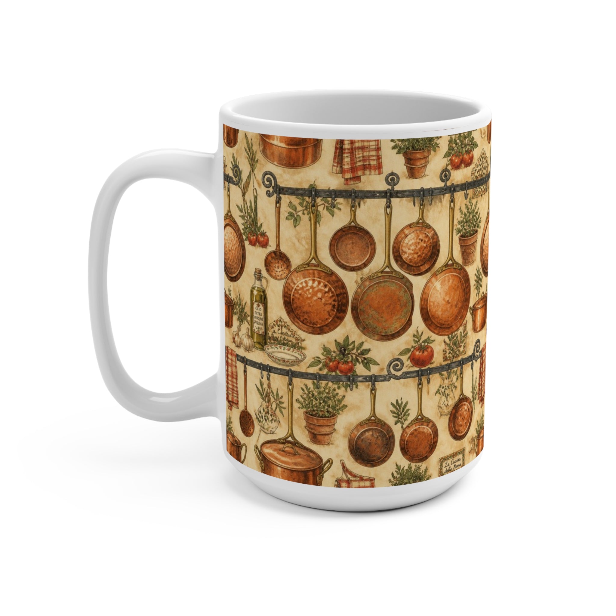Copper Cookware 15oz Ceramic Mug Mediterranean Kitchen Watercolor Design Italian Cottagecore Gift