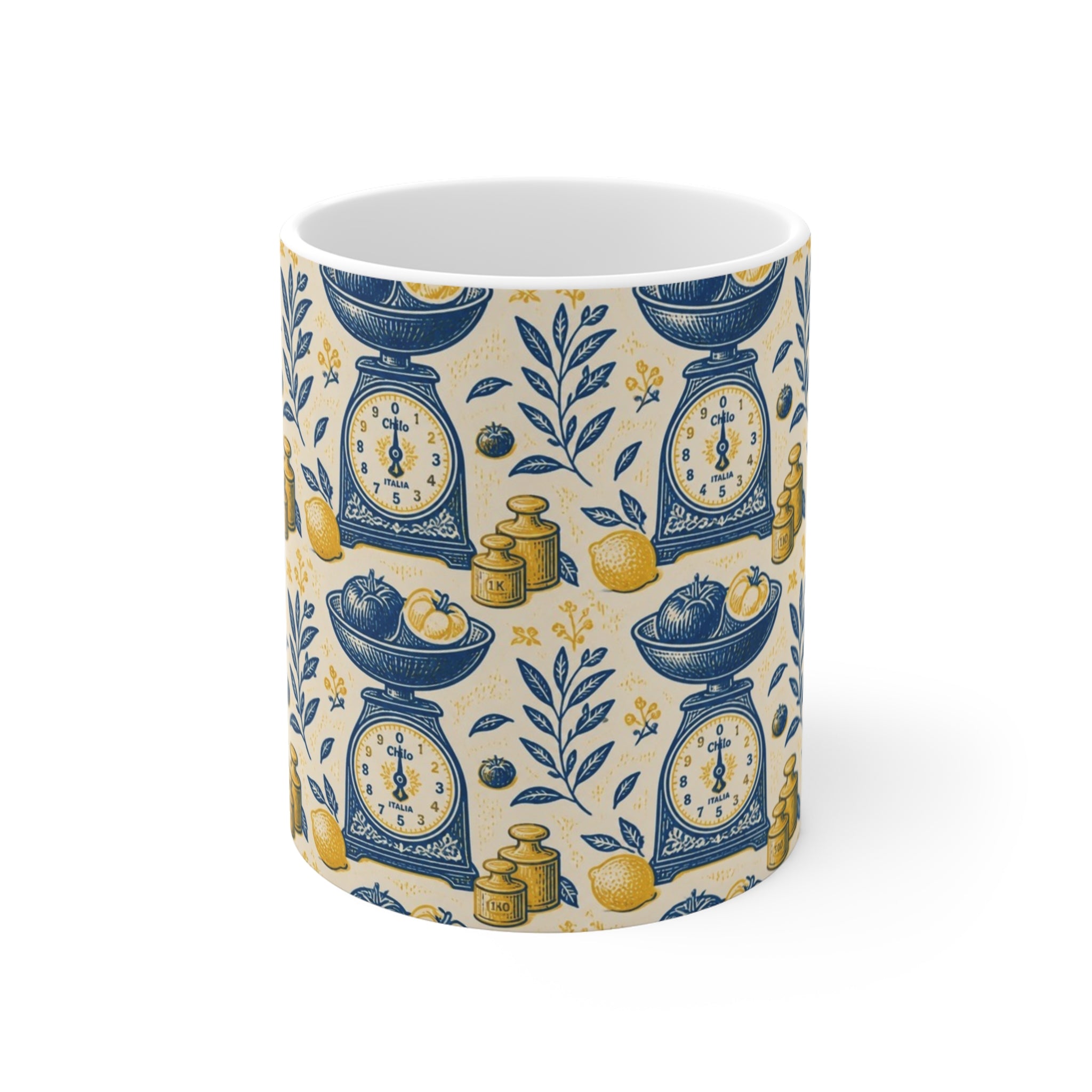 Vintage Kitchen Scale 11oz Ceramic Mug Mediterranean Kitchen Linocut Design Italian Cottagecore Gift
