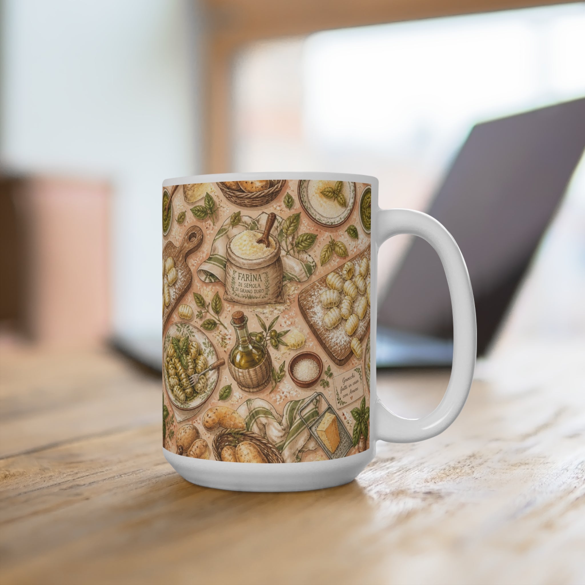 Potato Gnocchi 15oz Ceramic Mug Mediterranean Kitchen Watercolor Design Italian Cottagecore Gift