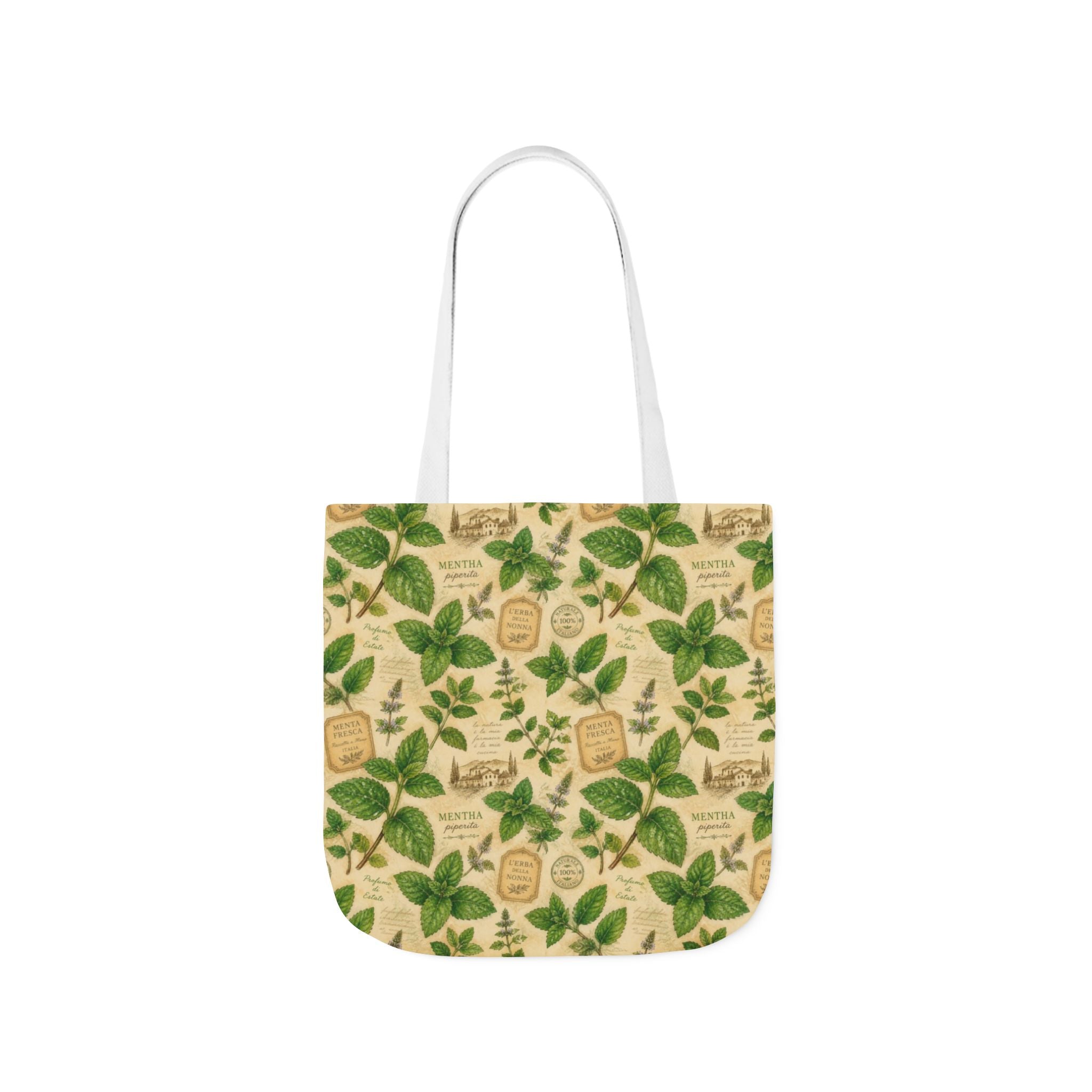 Fresh Mint Leaves Canvas Tote Bag Mediterranean Kitchen Watercolor Design Italian Cottagecore Gift