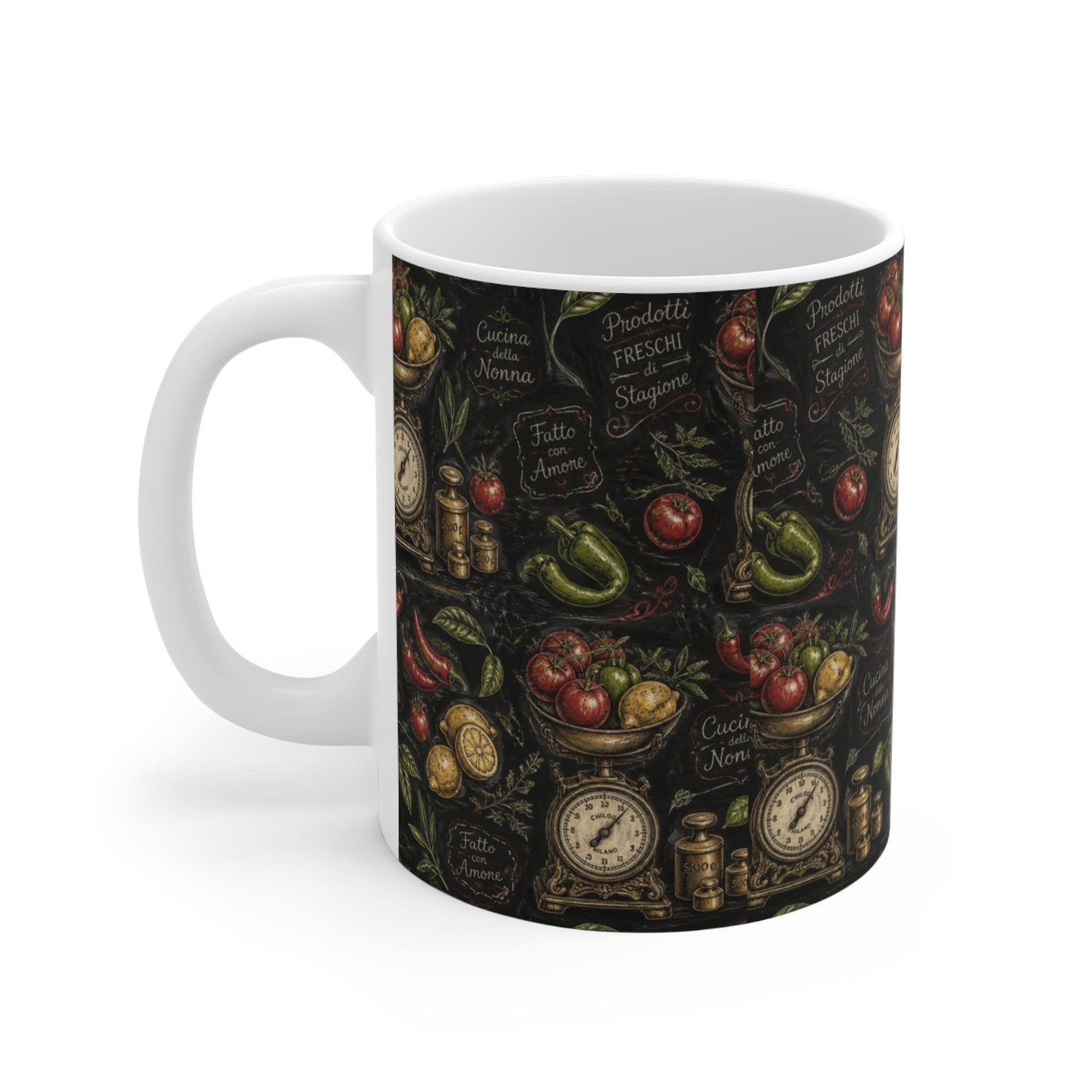 Vintage Kitchen Scale 11oz Ceramic Mug Mediterranean Kitchen Chalk Art Design Italian Cottagecore Gift