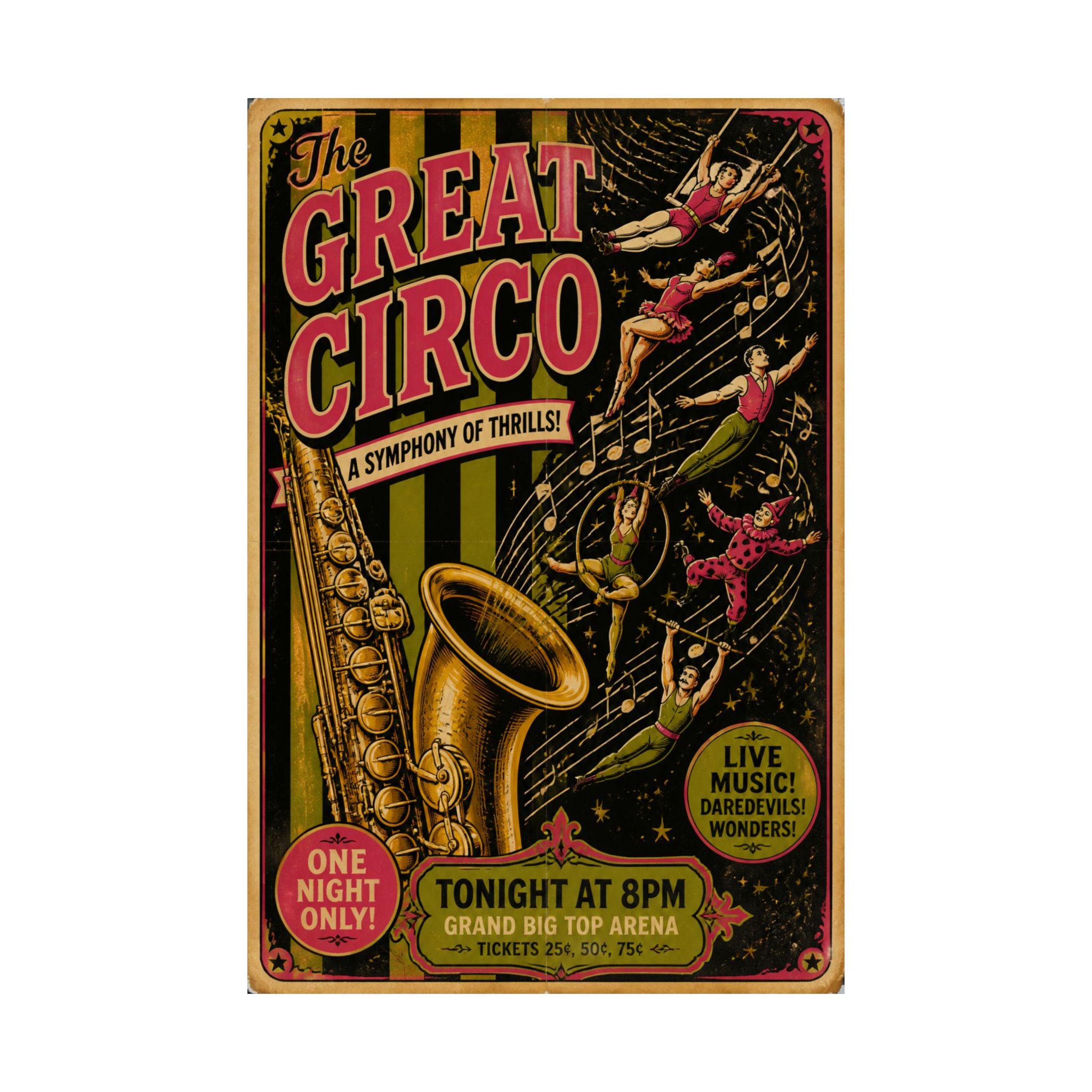 Saxophone Music Circus Wall Art Poster 24×36 Vintage Circus Bedroom Decor Maximalist Print