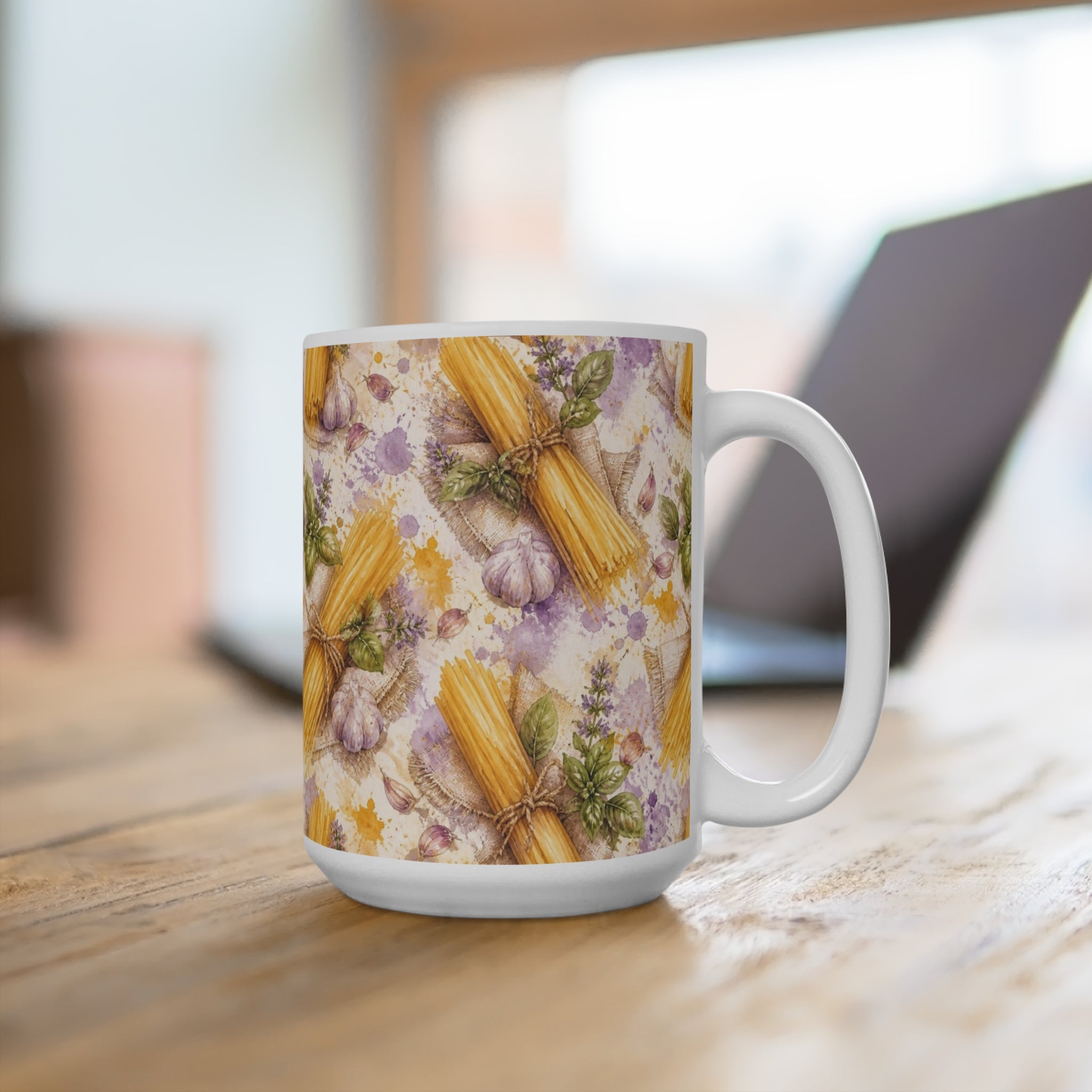 Spaghetti Bundle 15oz Ceramic Mug Mediterranean Kitchen Watercolor Splash Design Italian Cottagecore Gift