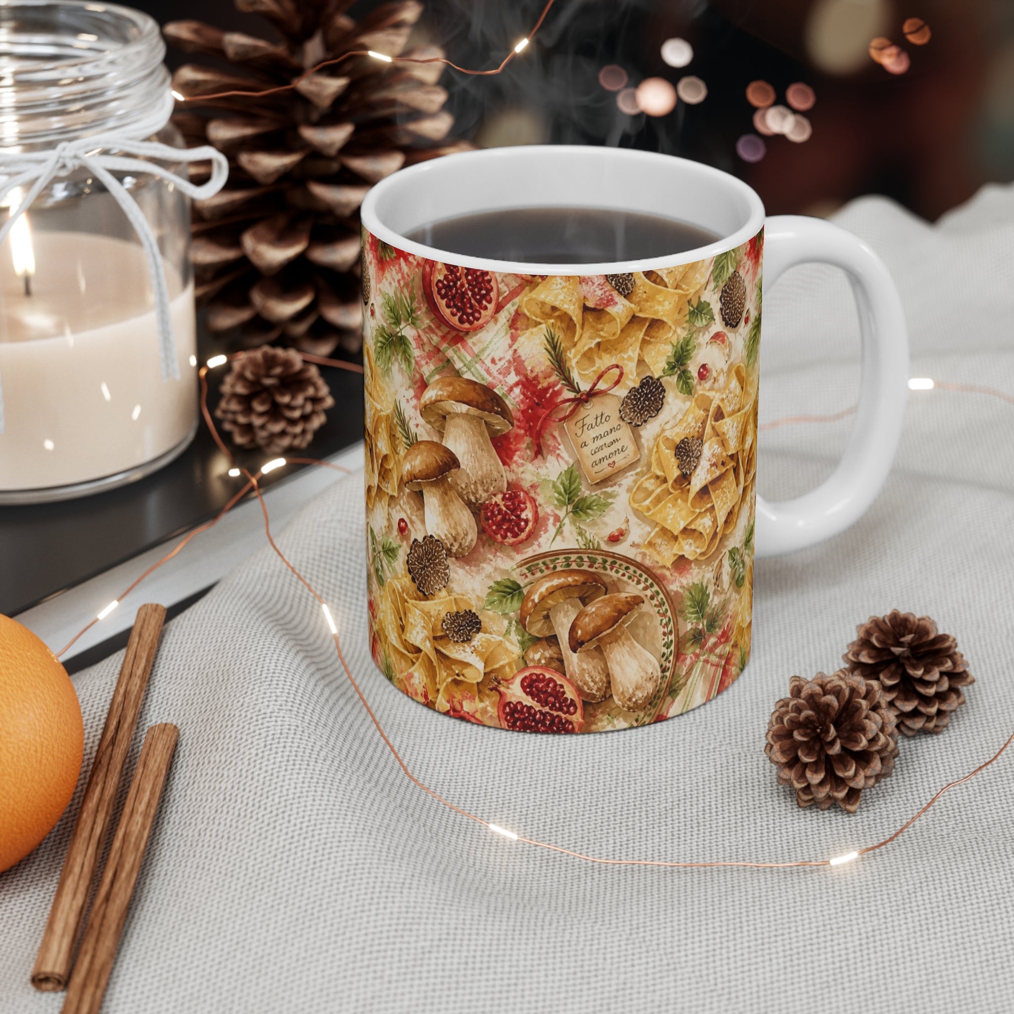 Pappardelle Ribbons 11oz Ceramic Mug Mediterranean Kitchen Watercolor Splash Design Italian Cottagecore Gift