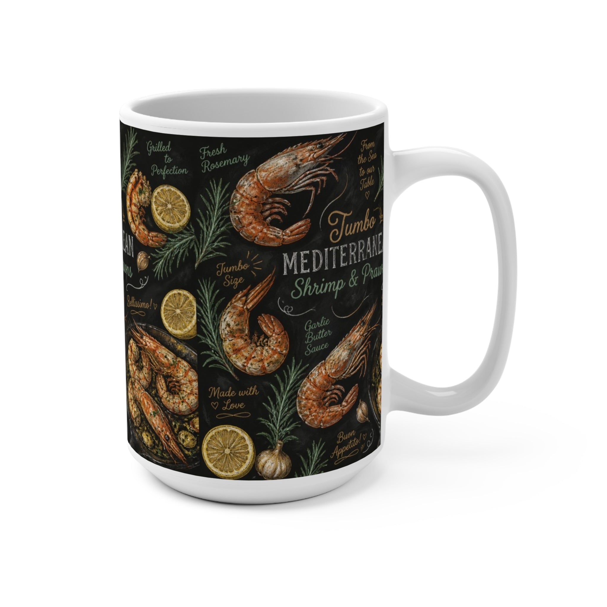 Mediterranean Shrimp 15oz Ceramic Mug Mediterranean Kitchen Chalk Art Design Italian Cottagecore Gift