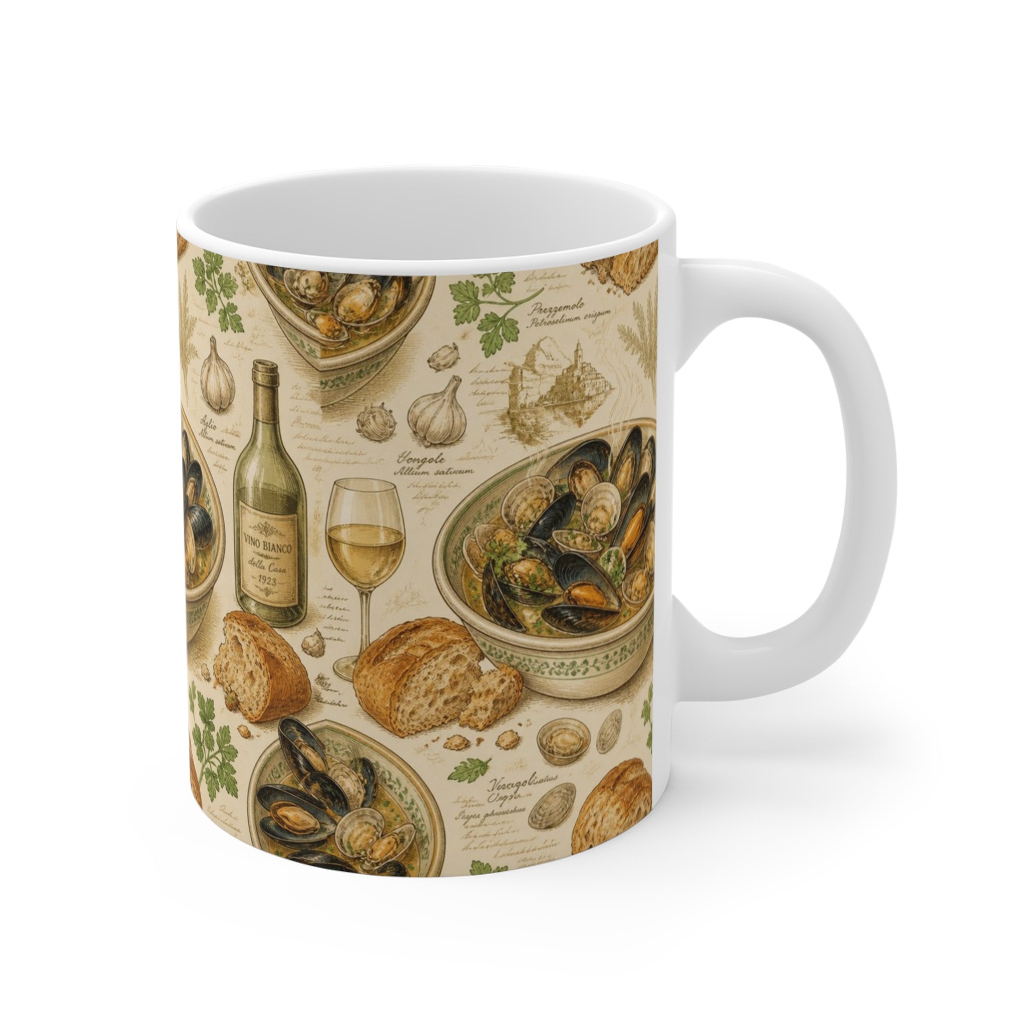 Mussels & Clams 11oz Ceramic Mug Mediterranean Kitchen Botanical Design Italian Cottagecore Gift