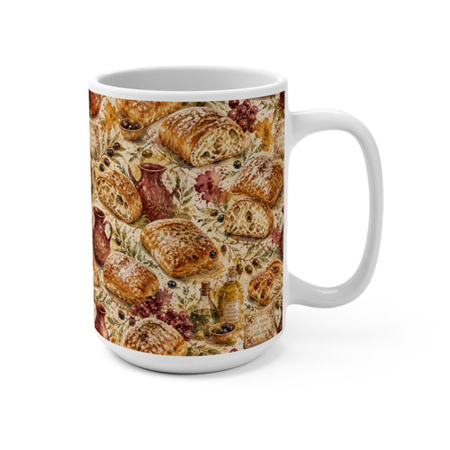 Ciabatta Rolls 15oz Ceramic Mug Mediterranean Kitchen Watercolor Splash Design Italian Cottagecore Gift