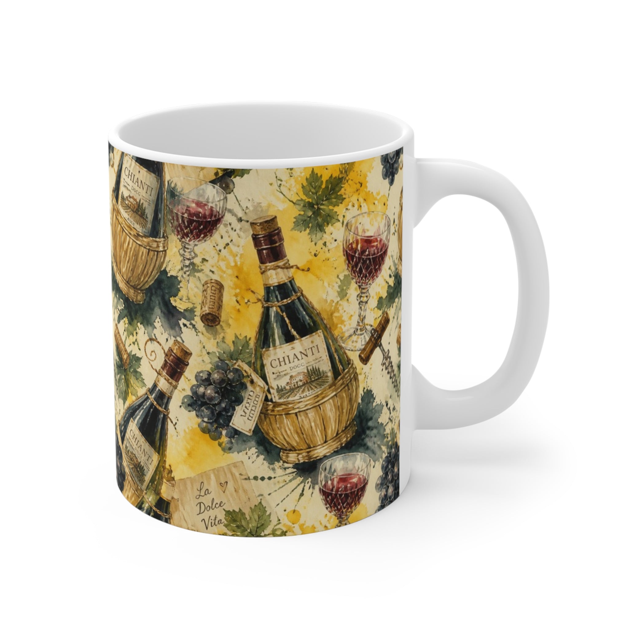Wine Bottles & Glasses 11oz Ceramic Mug Mediterranean Kitchen Watercolor Splash Design Italian Cottagecore Gift