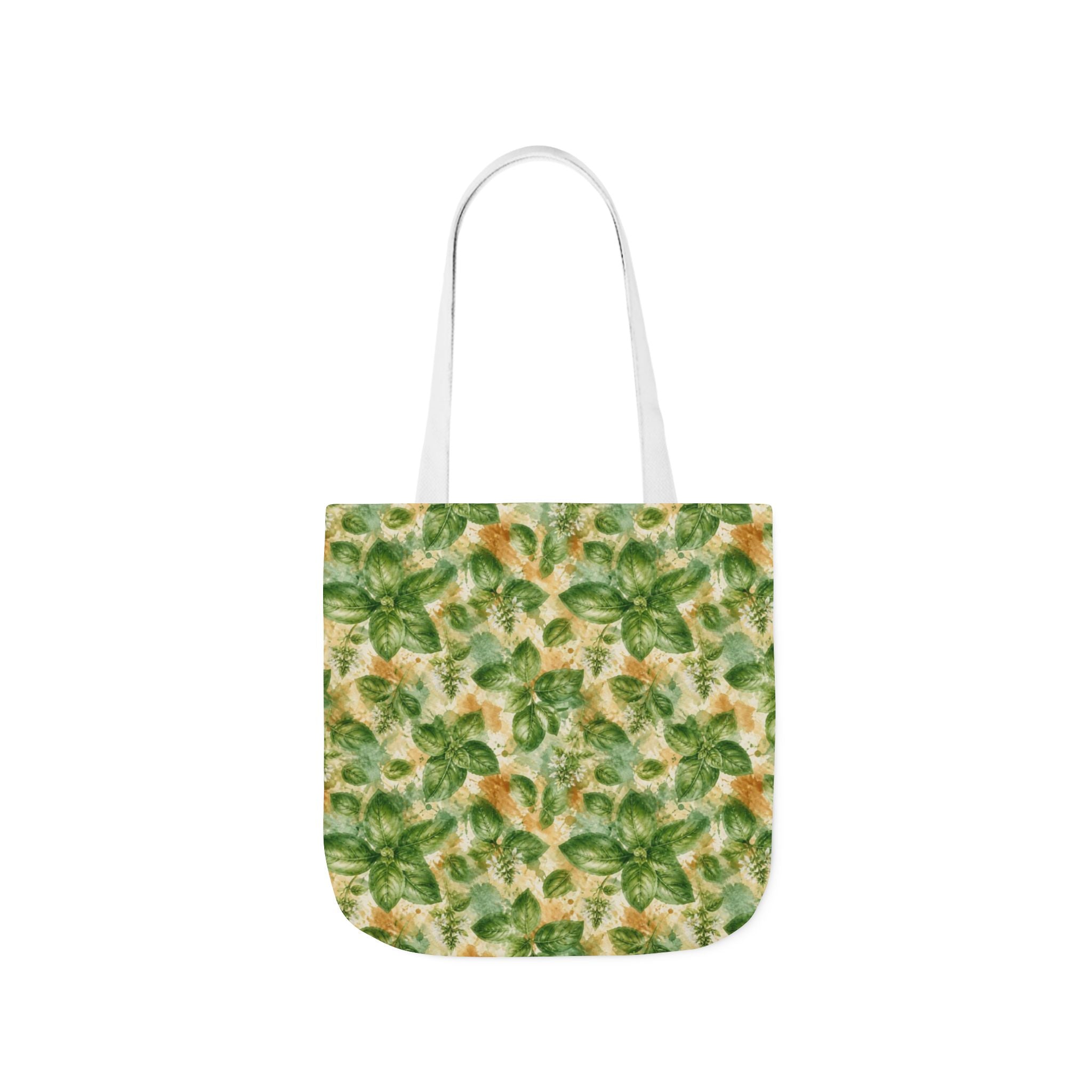 Fresh Basil Leaves Canvas Tote Bag Mediterranean Kitchen Watercolor Splash Design Italian Cottagecore Gift