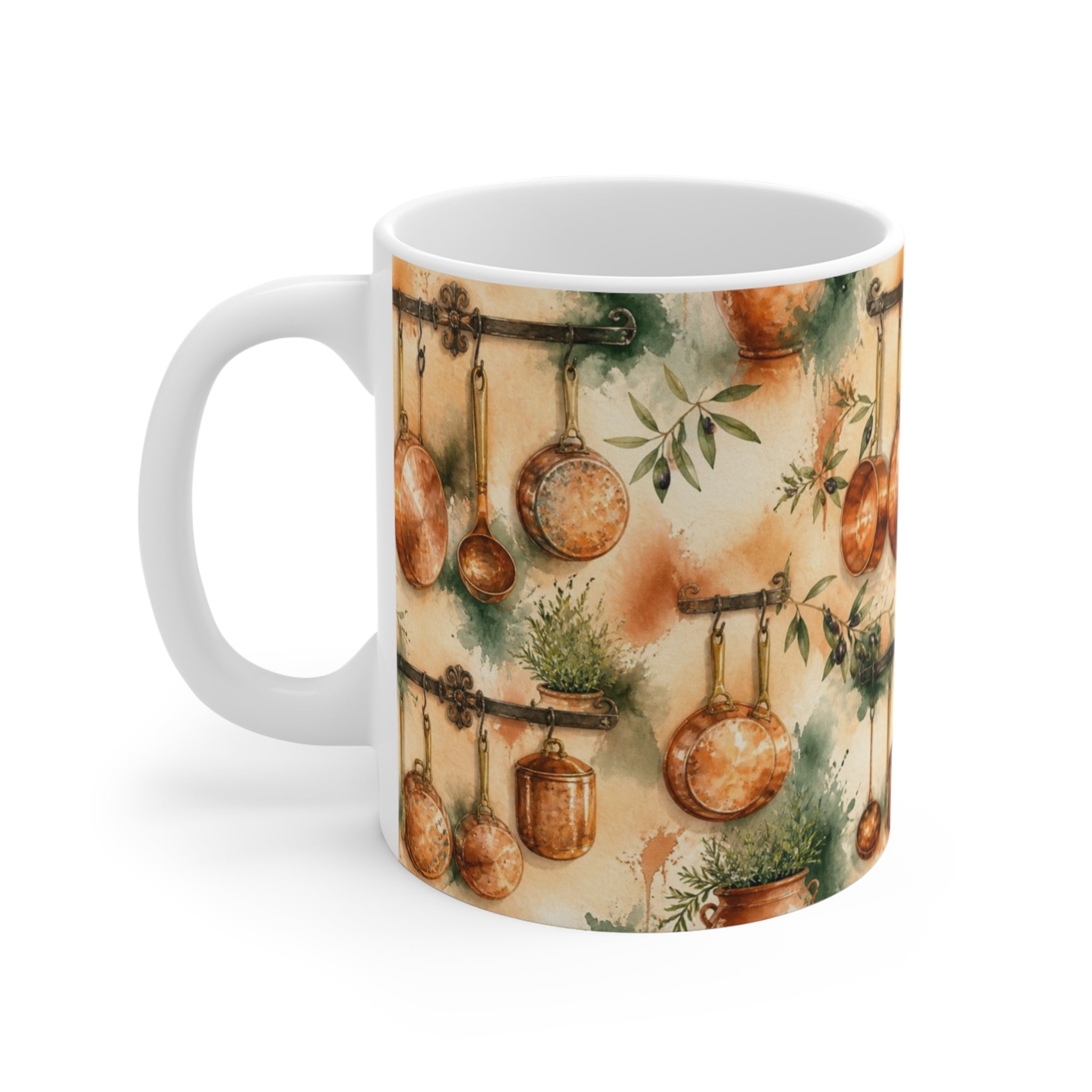 Copper Cookware 11oz Ceramic Mug Mediterranean Kitchen Watercolor Splash Design Italian Cottagecore Gift