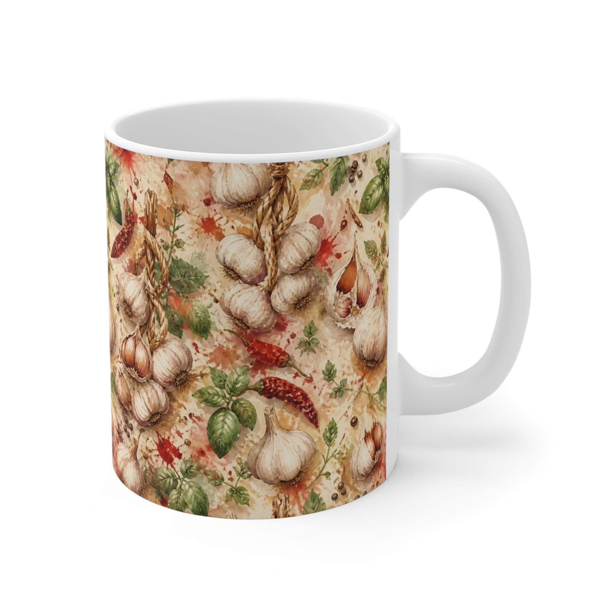 Garlic Bulbs & Cloves 11oz Ceramic Mug Mediterranean Kitchen Watercolor Splash Design Italian Cottagecore Gift
