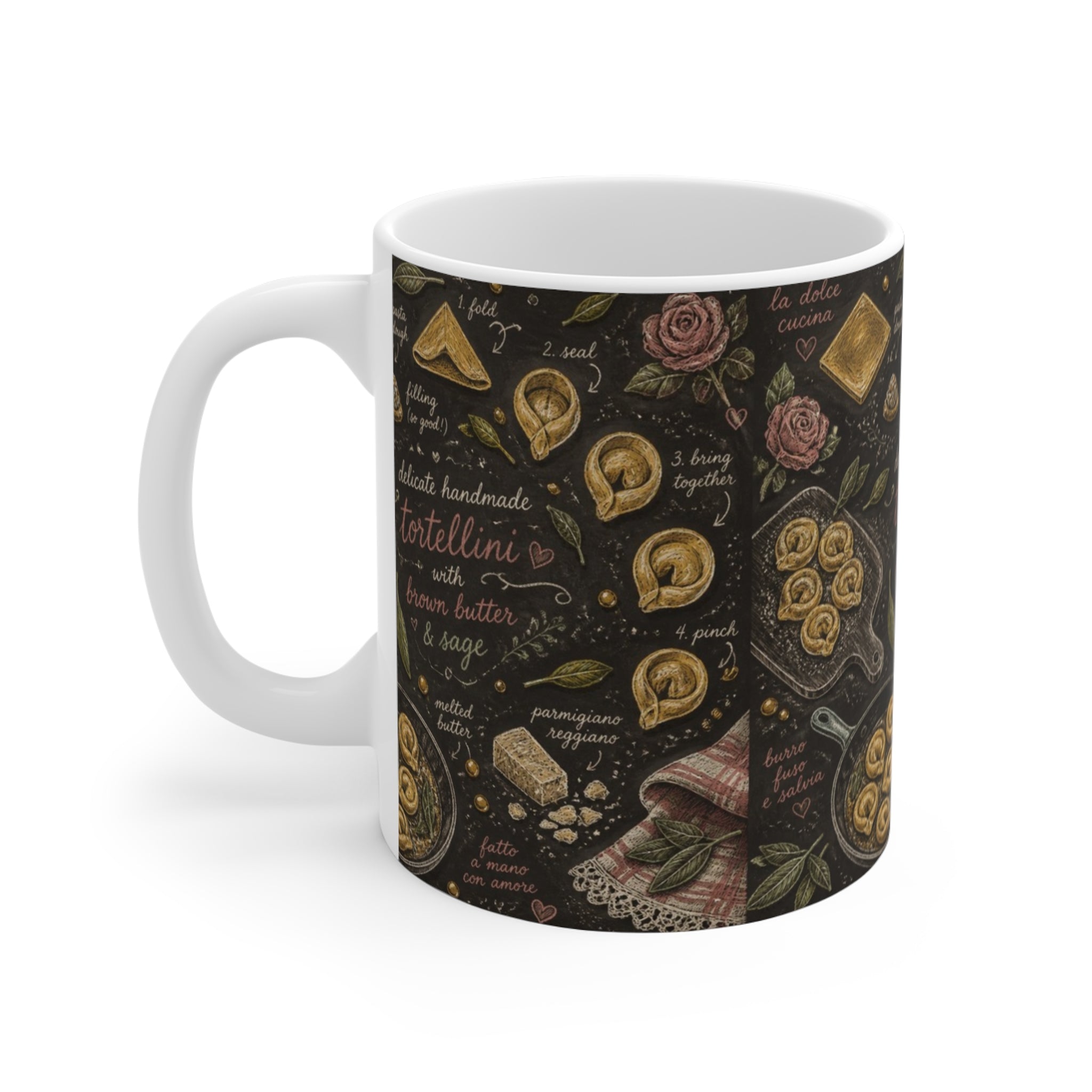 Tortellini with Sage 11oz Ceramic Mug Mediterranean Kitchen Chalk Art Design Italian Cottagecore Gift