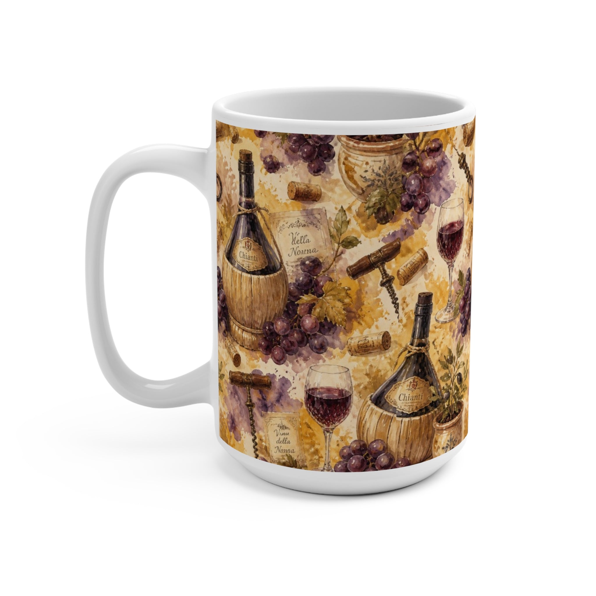 Wine Bottles & Glasses 15oz Ceramic Mug Mediterranean Kitchen Watercolor Splash Design Italian Cottagecore Gift