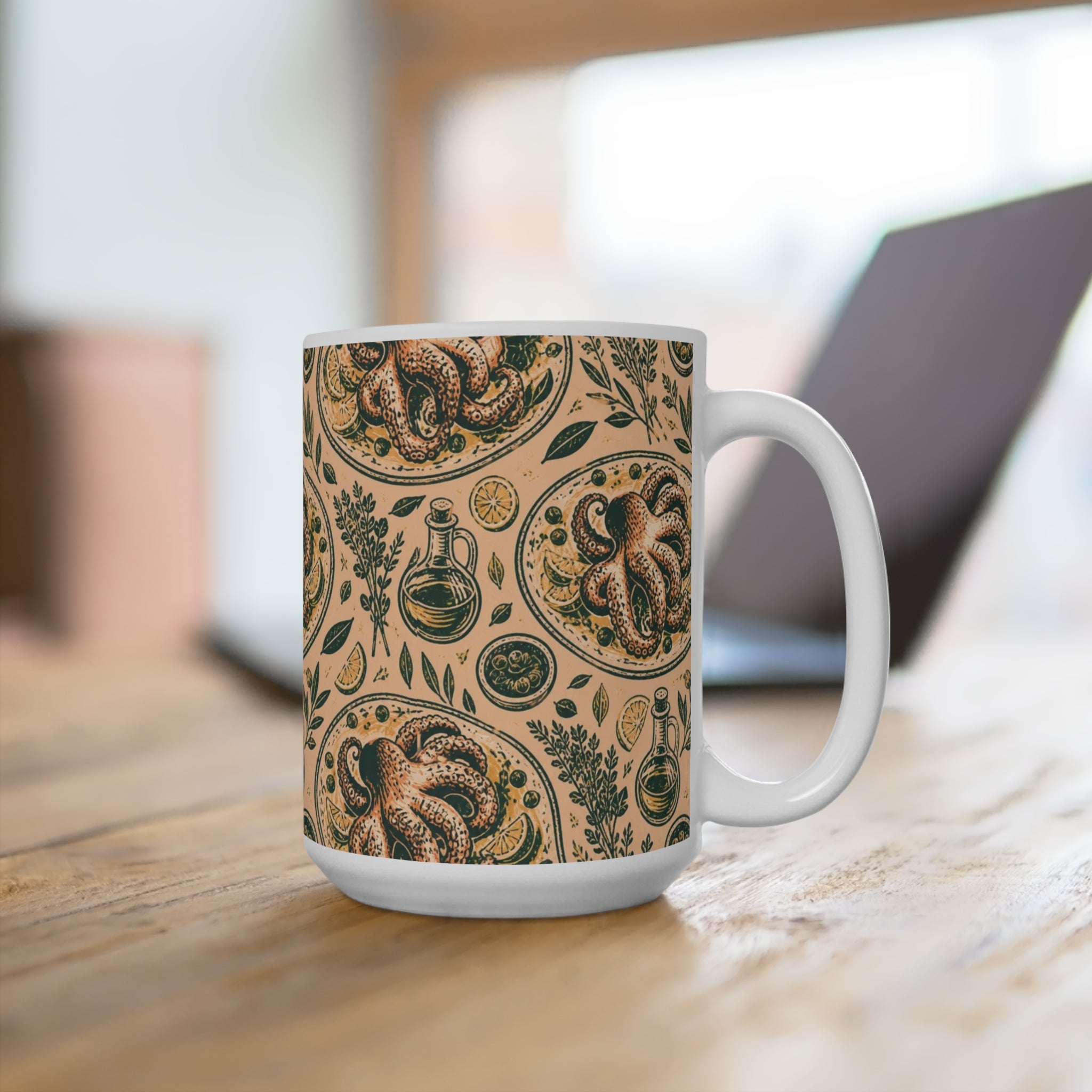 Grilled Octopus 15oz Ceramic Mug Mediterranean Kitchen Linocut Design Italian Cottagecore Gift