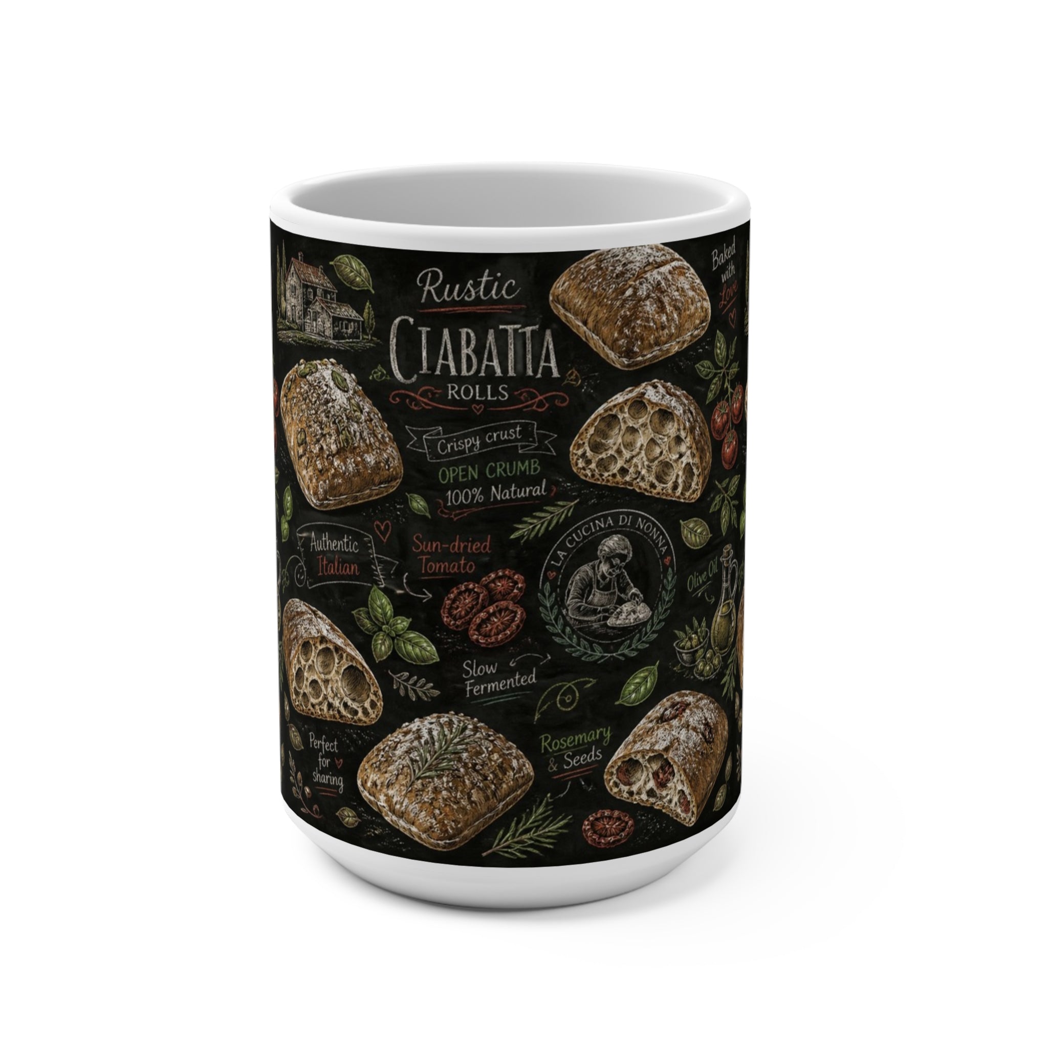 Ciabatta Rolls 15oz Ceramic Mug Mediterranean Kitchen Chalk Art Design Italian Cottagecore Gift