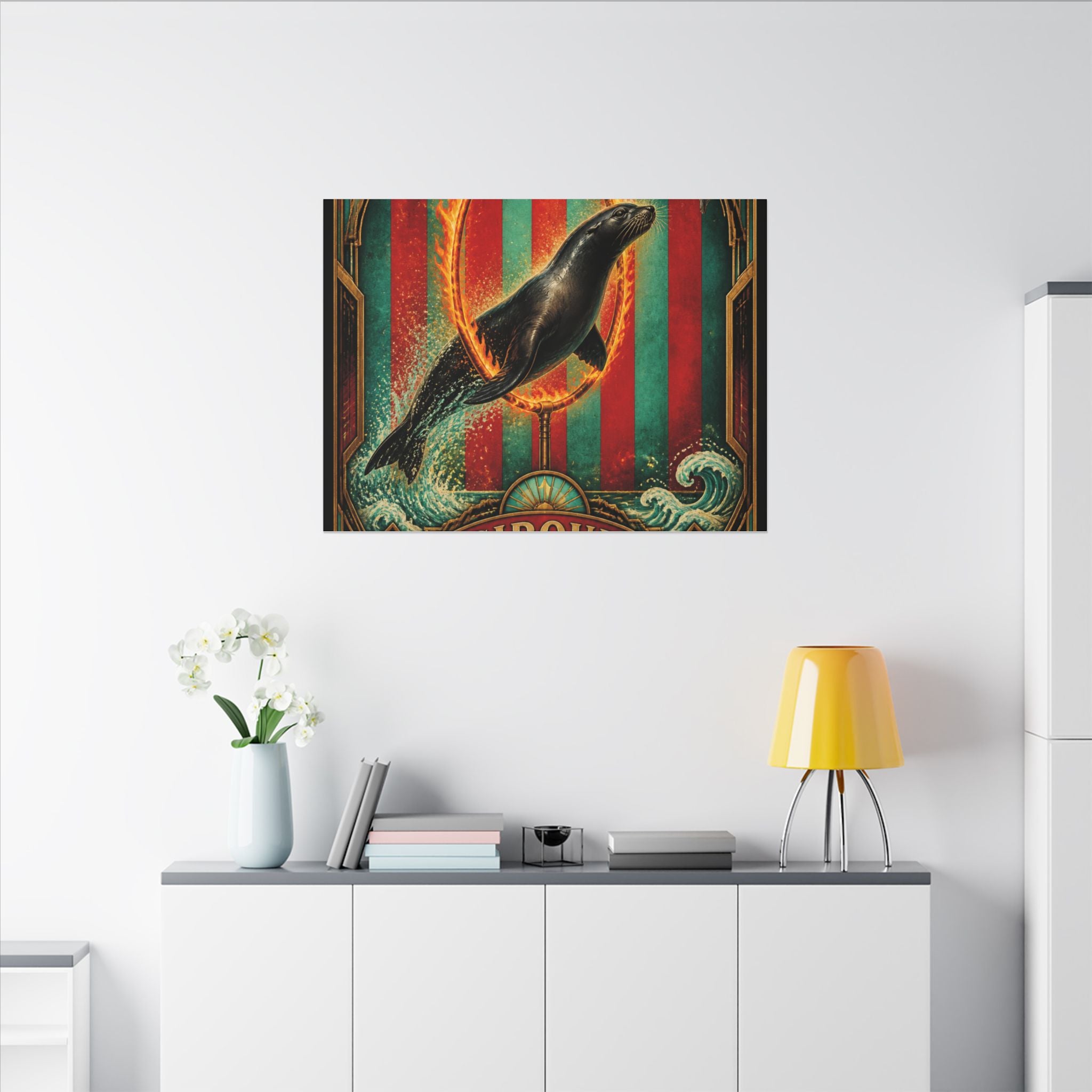Seal Fire Hoop Wall Art Canvas 24×36 Art Deco Bar Area Decor Maximalist Print