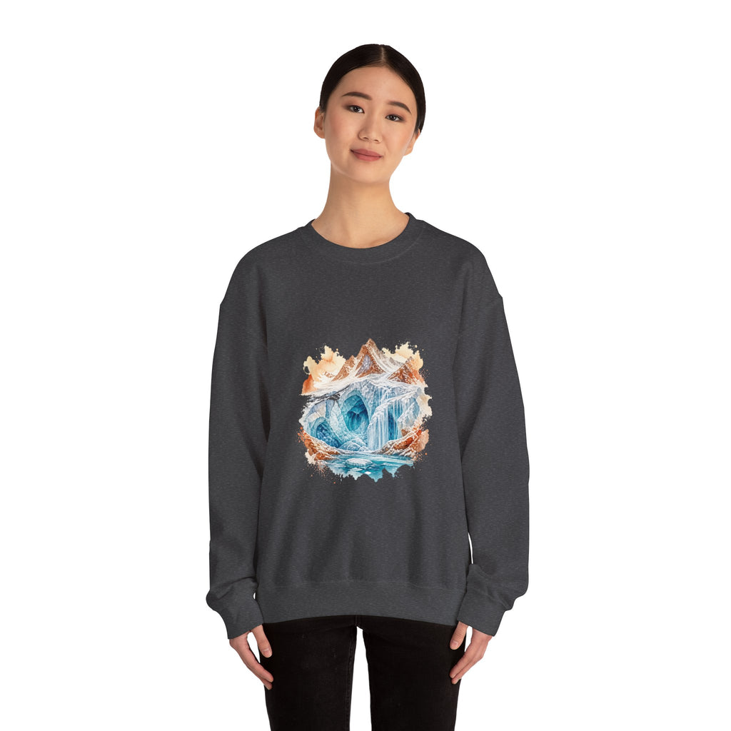 Matching Couple Sweatshirt - Volcano & Glacier Matching Couple Crewneck Sweatshirt Watercolor Art His Hers Engagement Gift - Design B