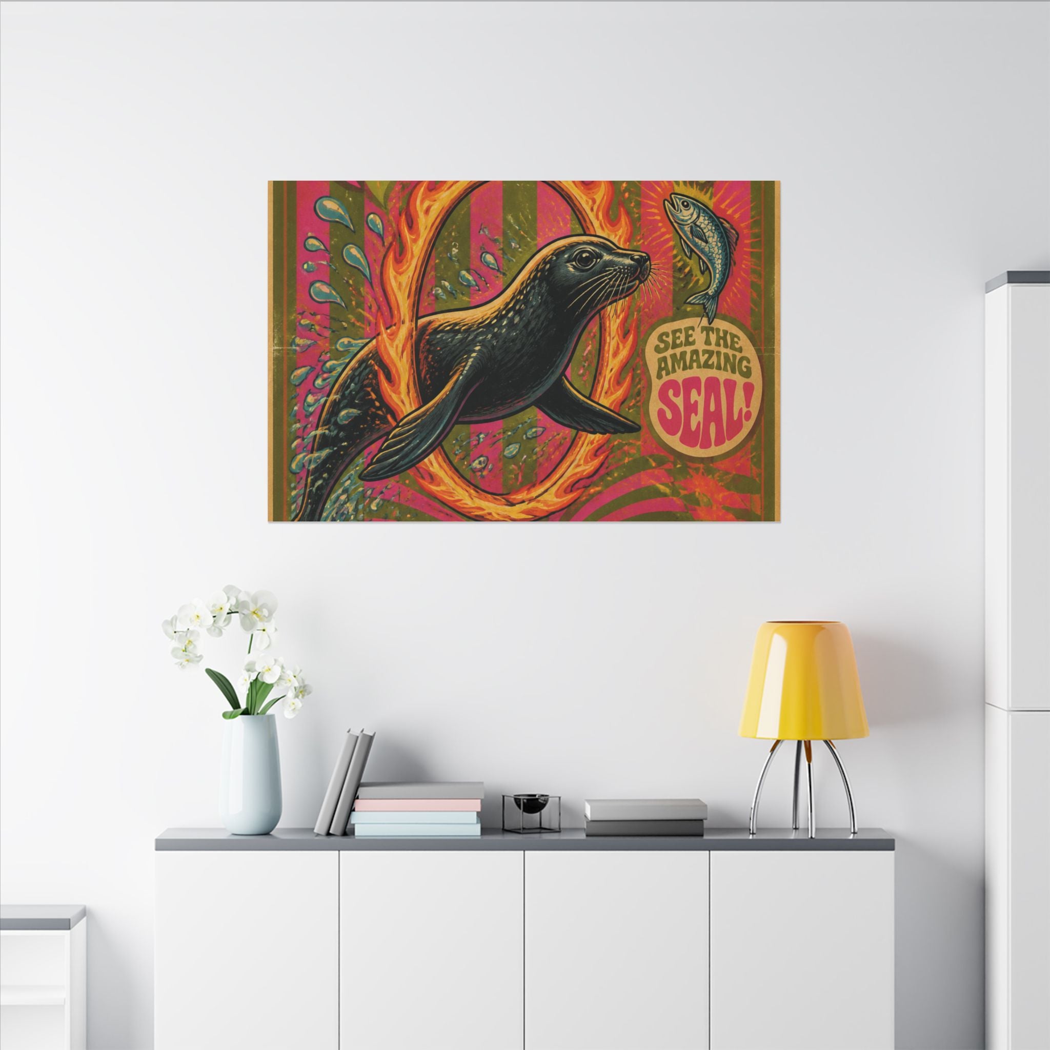Seal Fire Hoop Wall Art Canvas 24×36 Psychedelic Dining Room Decor Maximalist Print