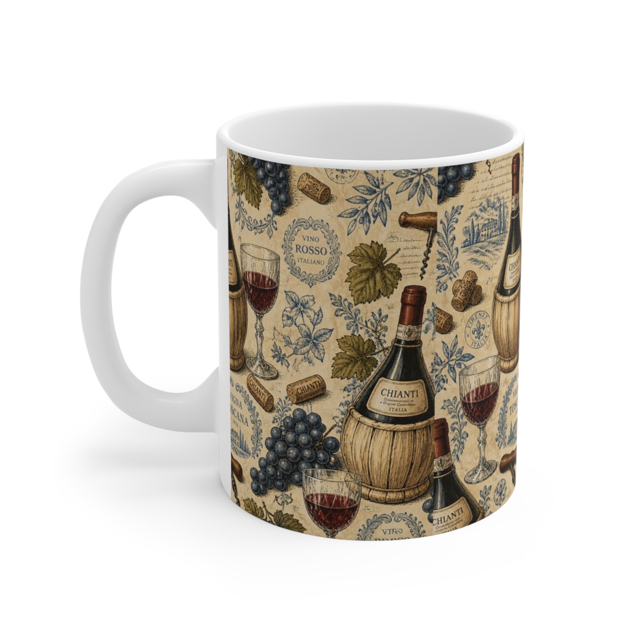 Wine Bottles & Glasses 11oz Ceramic Mug Mediterranean Kitchen Botanical Design Italian Cottagecore Gift