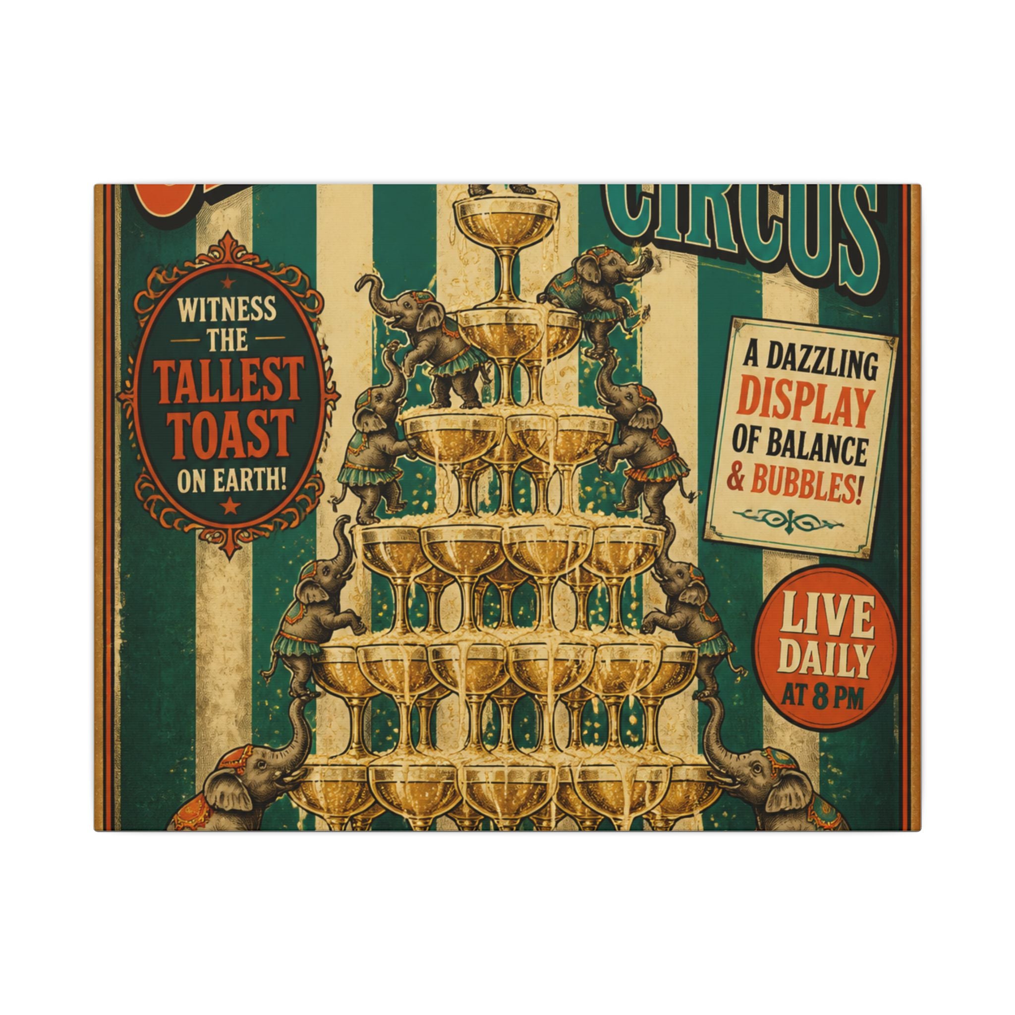 Champagne Tower Elephants Wall Art Canvas 16×20 Vintage Circus Kitchen Decor Maximalist Print