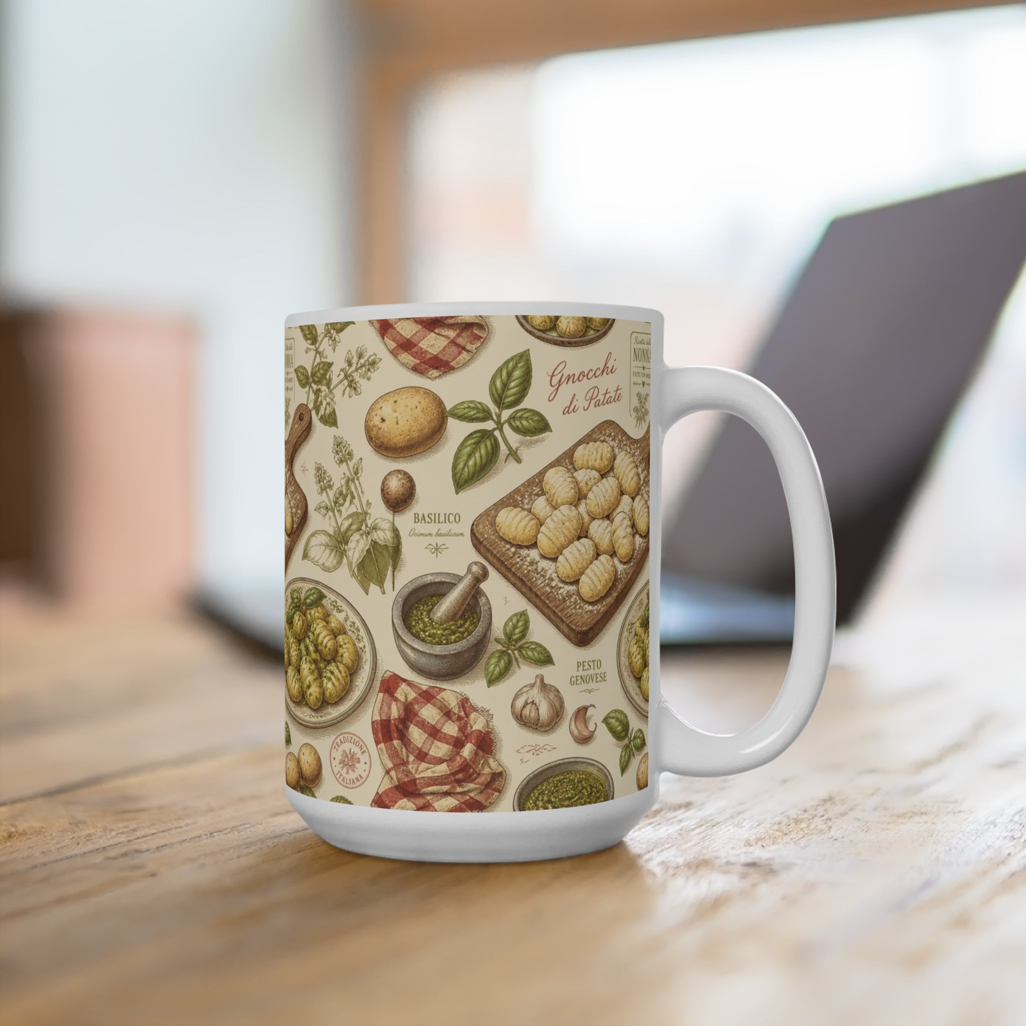 Potato Gnocchi 15oz Ceramic Mug Mediterranean Kitchen Botanical Design Italian Cottagecore Gift