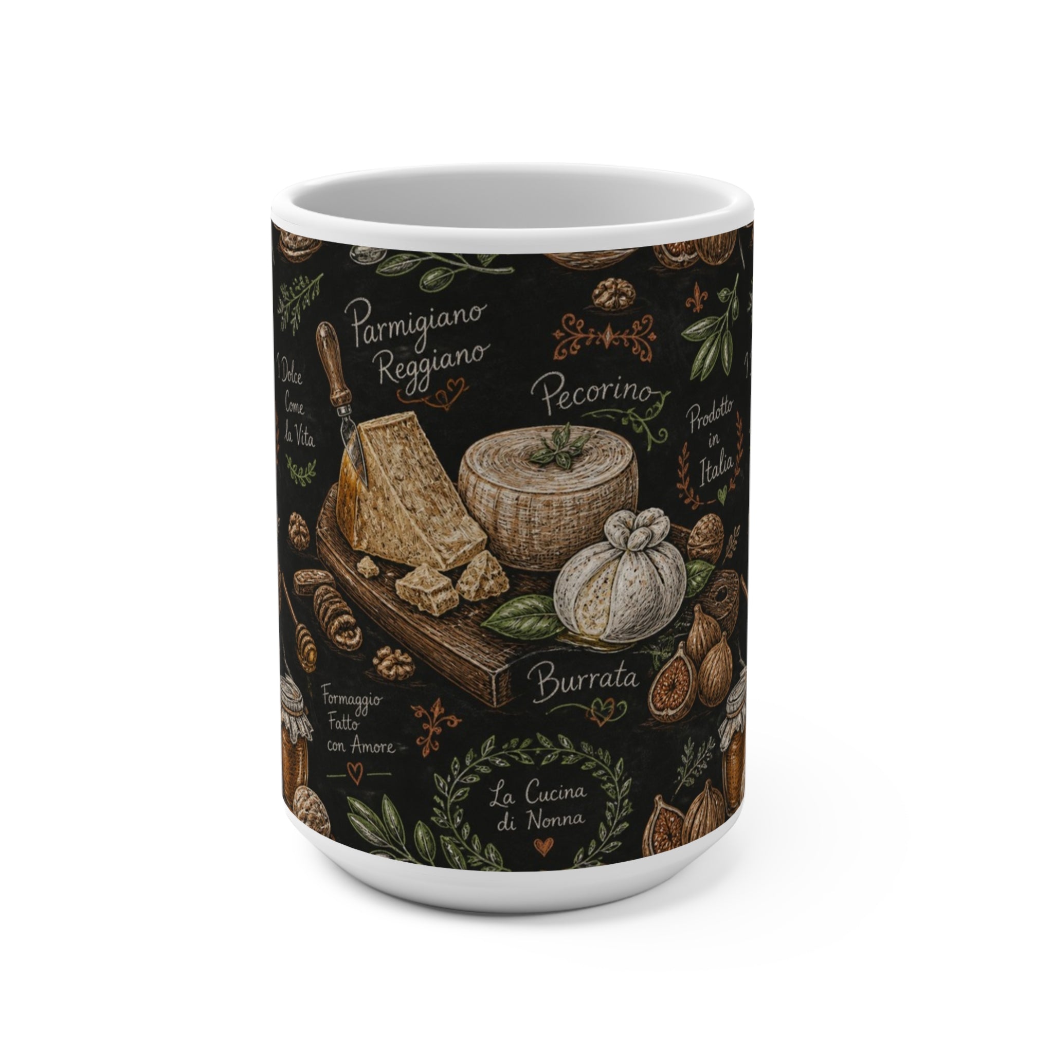 Italian Cheese Board 15oz Ceramic Mug Mediterranean Kitchen Chalk Art Design Italian Cottagecore Gift