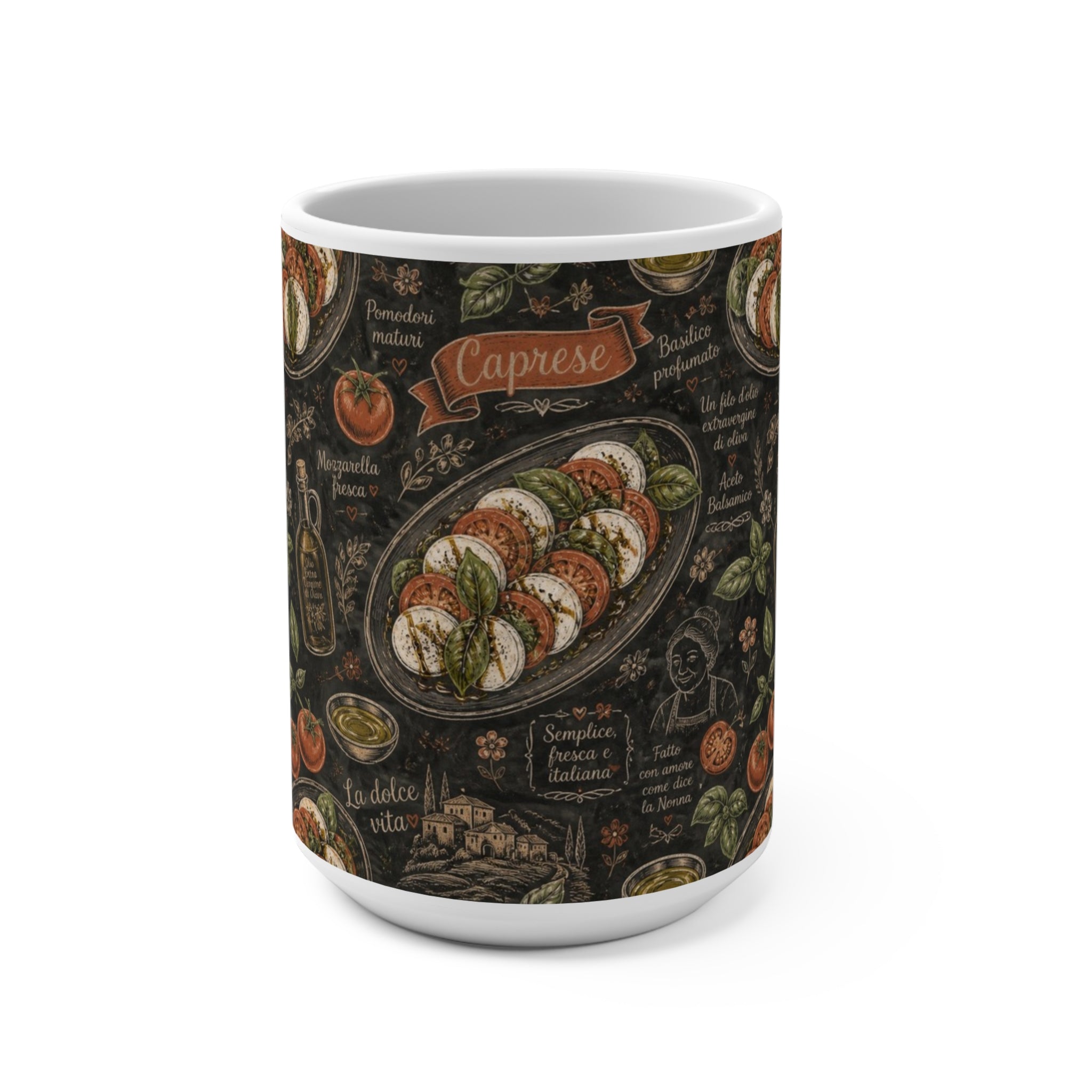 Caprese Arrangement 15oz Ceramic Mug Mediterranean Kitchen Chalk Art Design Italian Cottagecore Gift