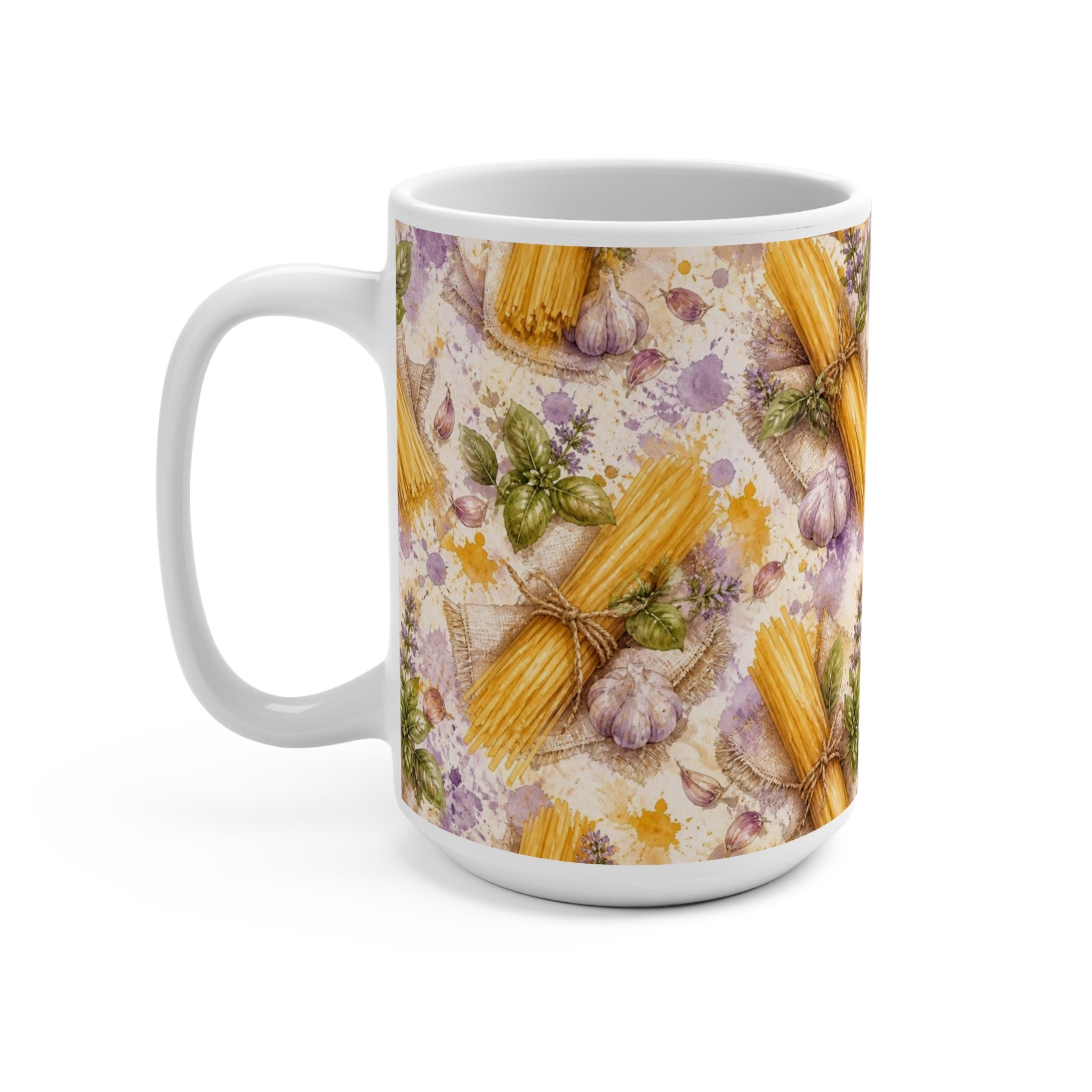 Spaghetti Bundle 15oz Ceramic Mug Mediterranean Kitchen Watercolor Splash Design Italian Cottagecore Gift