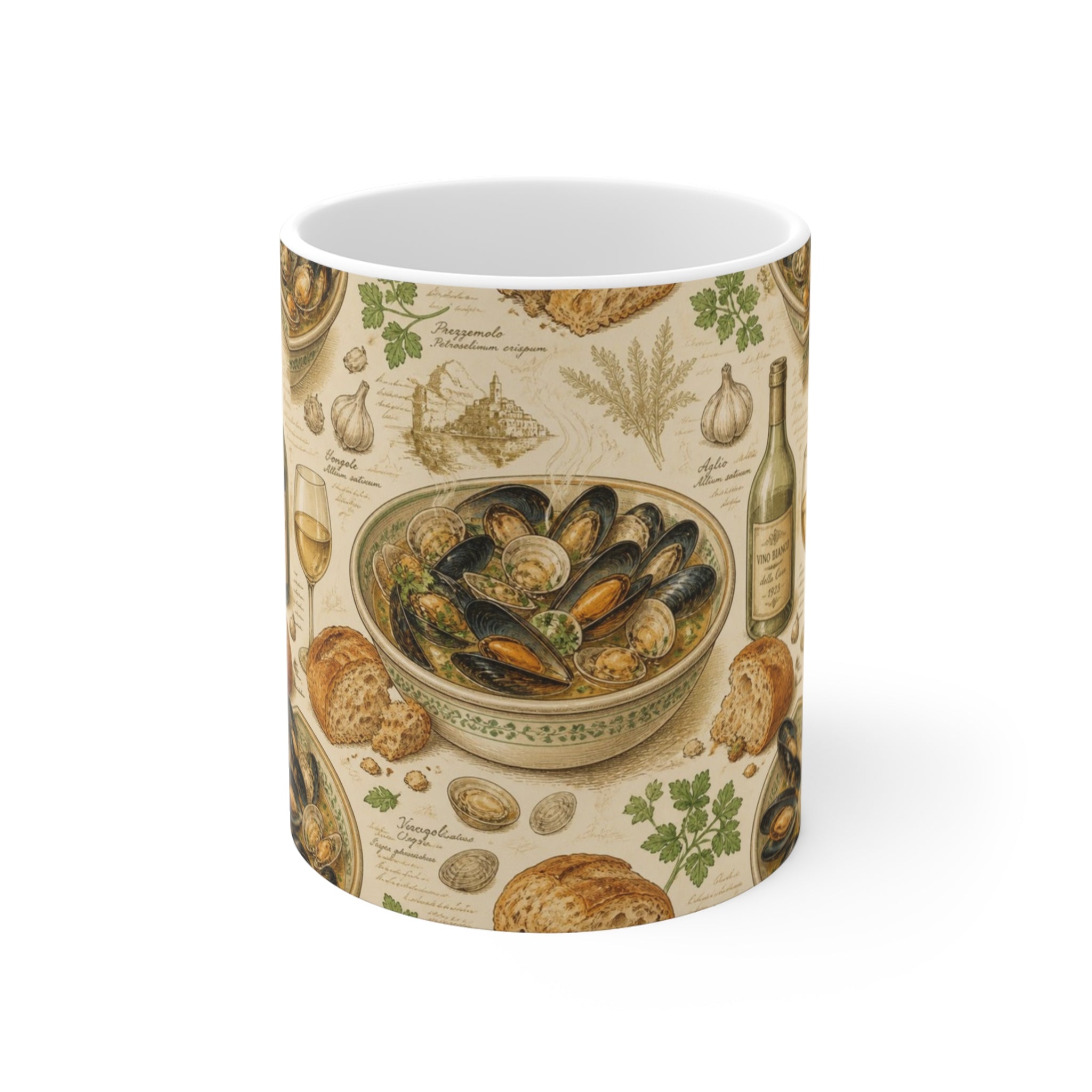 Mussels & Clams 11oz Ceramic Mug Mediterranean Kitchen Botanical Design Italian Cottagecore Gift
