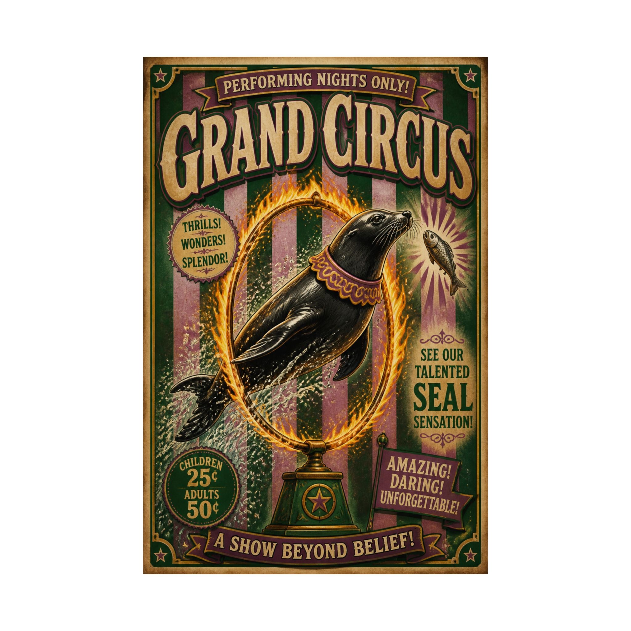 Seal Fire Hoop Wall Art Poster 24×36 Vintage Circus Bedroom Decor Maximalist Print